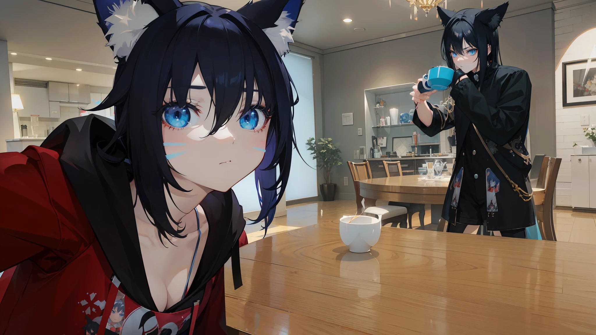 anime character with blue eyes and black hair standing in a living room, vrchat, second life avatar, anime styled 3d, 3 d anime, 3d anime, pixiv 3dcg, medium shot of two characters, anime girl with cat ears, stylized anime, anime scene, anime stylized, is ((drinking a cup of tea))