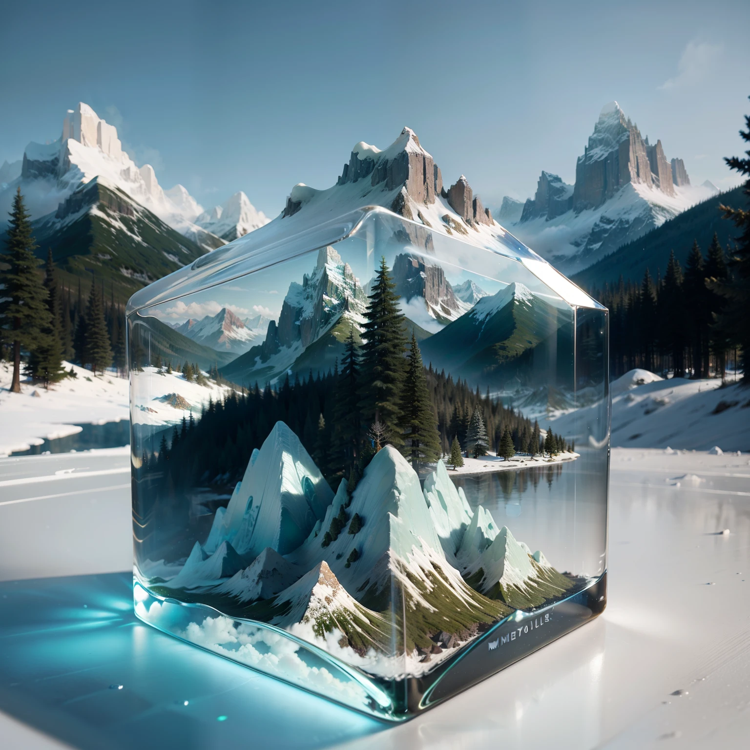 microworld render style, tiny glass cube contained, inside the cube are (scenery, ink, Mountains, water, green trees) , volumetr, Clouds, vibrant, Colorful, Highly detailed, 4K ultra HD, 8K, rendering by octane, Center the subject, White background,