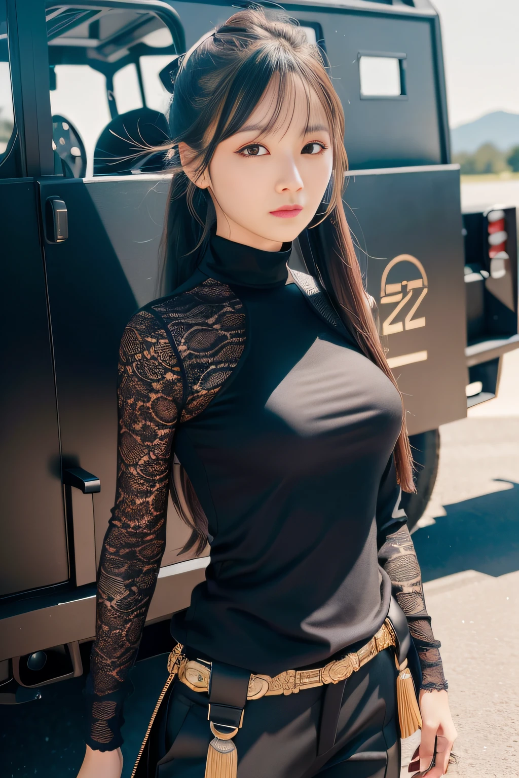 (Masterpiece:1.21)，(Best quality:1.3)， ((Ultra-detailed))， ((8K分辨率))，((Amazing))，(hyper qualit)，Leaning next to the armored vehicle，Gorgeous and rich graphics,
(Extremely delicate and beautiful:1.21),  (extremely beautiful lighting)，hard light，Delicate composition，(Perfect positioning)，(extremely beautiful and detailed background:1.21)，Rembrandt style expression of light and shadow，Dark tone，(Low profile, high differential color levels)，((Depth of field))，deepshadow，Dynamic Angle，From the side Side，full bodyesbian, （Golden section，Cinema lenses，Hasselblad photograp，tmasterpiece：1.3）
Black armored vehicle，(Armored vehicles in the city)，exquisite detailing，
(1girll),（Han Jiaren，Sun Ye-jin），Authentic look，（realisticlying：1.4），Clean face，Delicate face shape，seduct smile，adolable，（s the perfect face），Ultra-fine makeup，（Delicate Japanese makeup1.4），eyes with brightness，（Eye 1.4），（squinty eyes：0.8），hair between eye，(Beautiful detailed eyes)，Dark and bright eyes，exquisite long hair，Long hair ponytail，
Black SWAT training uniform，long trousers，Ultra-fine clothing material，
 Leaning next to the armored vehicle，Perfect posture，perfect hand，Perfect long legs ，rays of sunshine，vivaciousness，Realisticstyle，Artis，