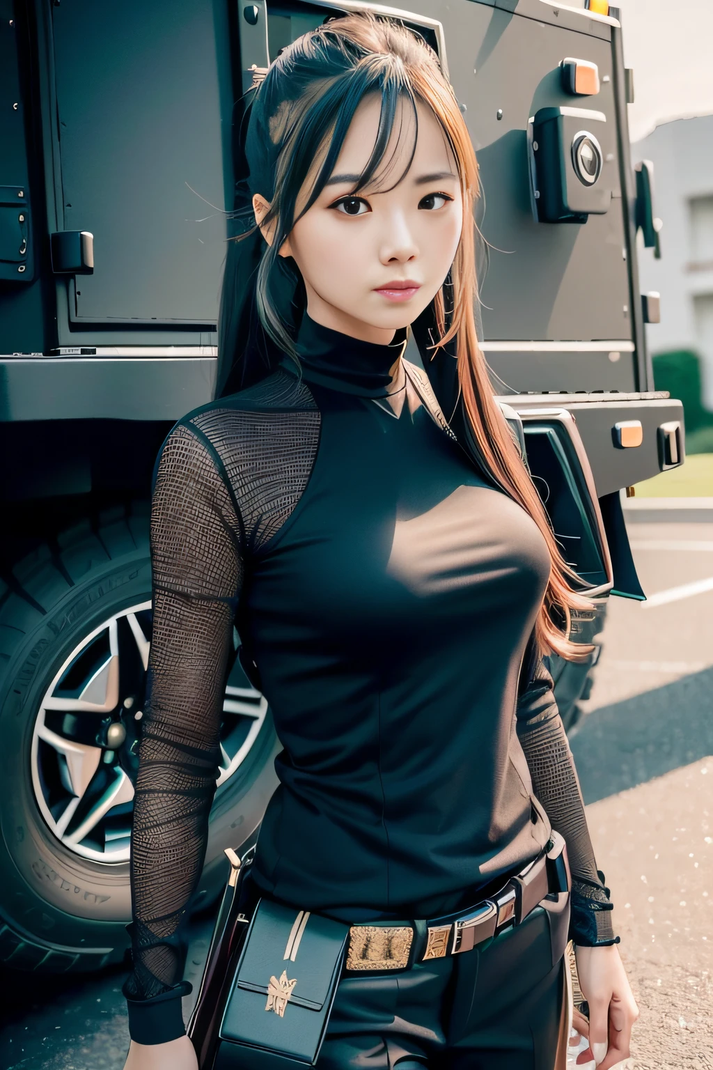 (Masterpiece:1.21),(Best quality:1.3), ((Ultra-detailed)), ((8K分辨率)),((Amazing)),(hyper qualit),Leaning next to the armored vehicle,Gorgeous and rich graphics,
(Extremely delicate and beautiful:1.21), (extremely beautiful lighting),hard light,Delicate composition,(Perfect positioning),(extremely beautiful and detailed background:1.21),Rembrandt style expression of light and shadow,Dark tone,(Low profile, high differential color levels),((Depth of field)),deepshadow,Dynamic Angle,From the side Side,full bodyesbian, (Golden section,Cinema lenses,Hasselblad photograp,tmasterpiece:1.3)
Black armored vehicle,(Armored vehicles in the city),exquisite detailing,
(1girll),(Han Jiaren,Sun Ye-jin),Authentic look,(realisticlying:1.4),Clean face,Delicate face shape,seduct smile,adolable,(s the perfect face),Ultra-fine makeup,(Delicate Japanese makeup1.4),eyes with brightness,(Eye 1.4),(squinty eyes:0.8),hair between eye,exquisite long hair,(Beautiful detailed eyes),Dark and bright eyes,Long hair ponytail,
Black SWAT training uniform,Ultra-fine clothing material,
Leaning next to the armored vehicle,Perfect posture,perfect hand,Perfect long legs , rays of sunshine,vivaciousness,Realisticstyle,Artis,