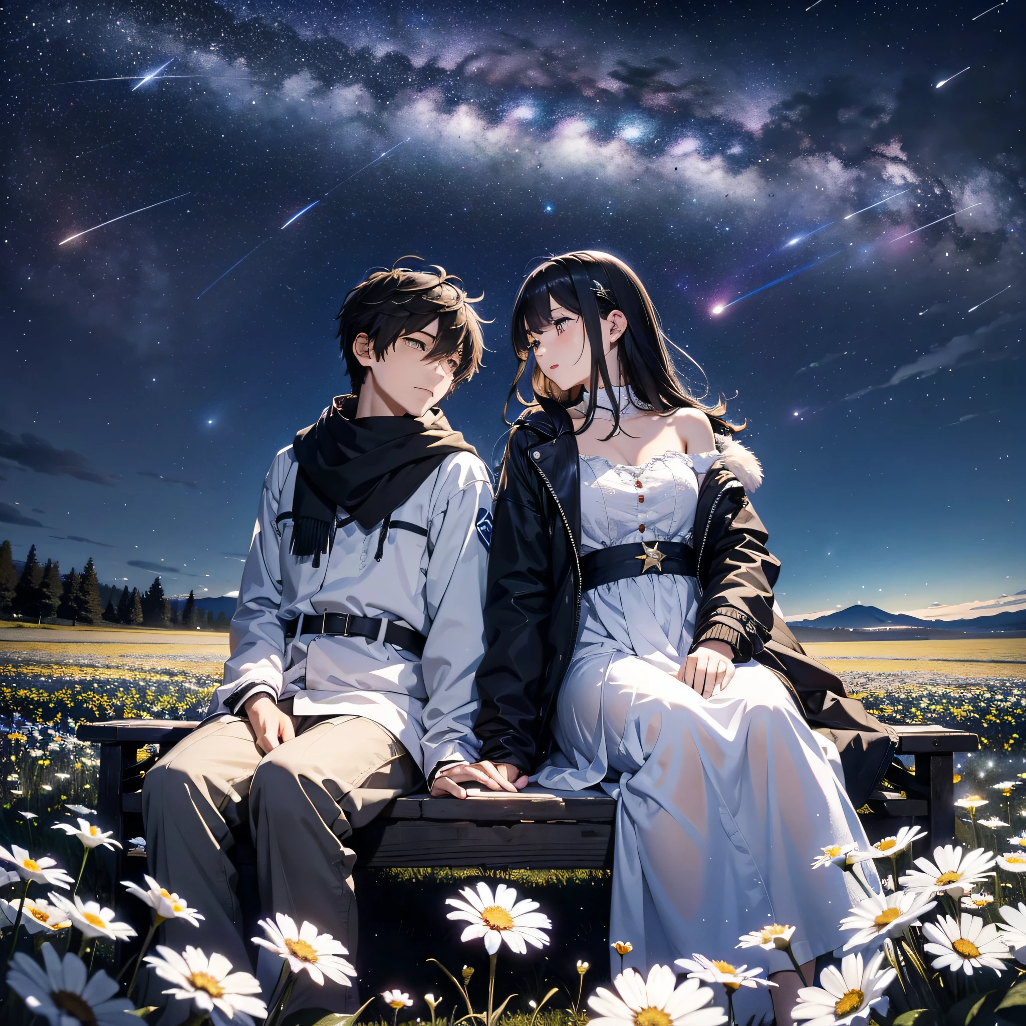 She and his couple sit side by side in a field full of flowers on the plateau and look up at the night sky、Perhaps because it is cold, their breath looks pale white.、The light source is a star in the night sky々Light only、She is seen turning her face to him、Make a picture mainly of the night sky from a little distance behind the two、A shooting star has now flowed in the night sky、The area is pitch dark、In the darkness、Masterpiece、realisitic