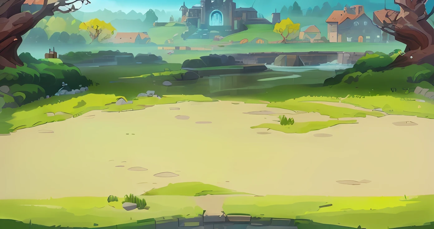 Cartoon scene of a small pond surrounded by trees and castles, arena background, odin's stone arena background, arte de fundo, distant village background, background artwork, magical battlefield background, Mobile game background, 2 D game art background, game background, palace background, battleground background, 2d game background, town center background, Epic background, background hyper detailed