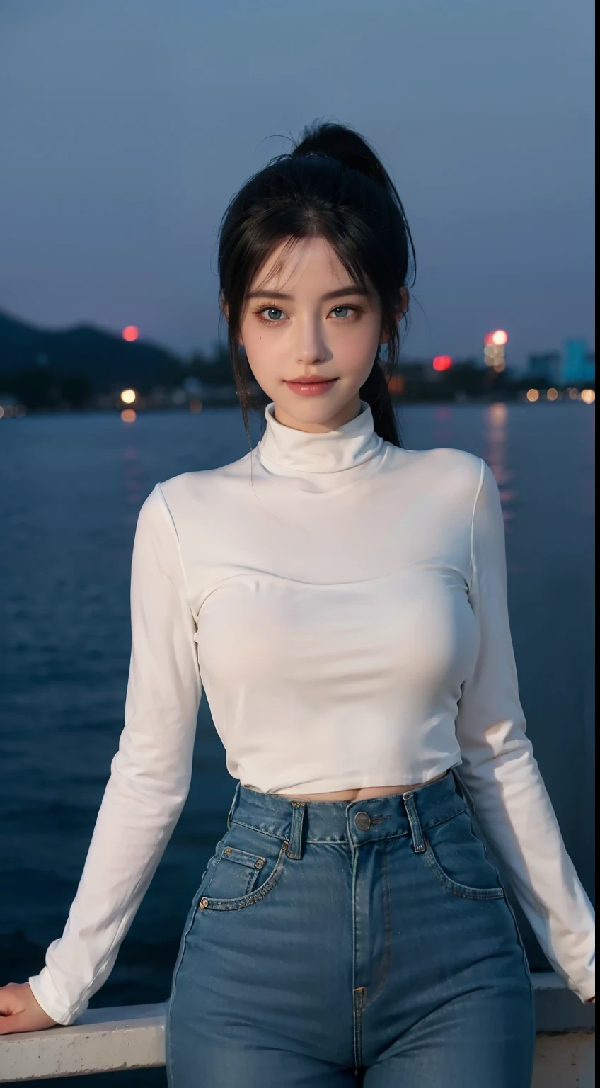 1girll,Fake smile,High ponytail,White color hair,At dusk,deepshadow,Tifa looks,perfect bodies,Beautiful background,Blue eyes,blue denim pants,black cloaths