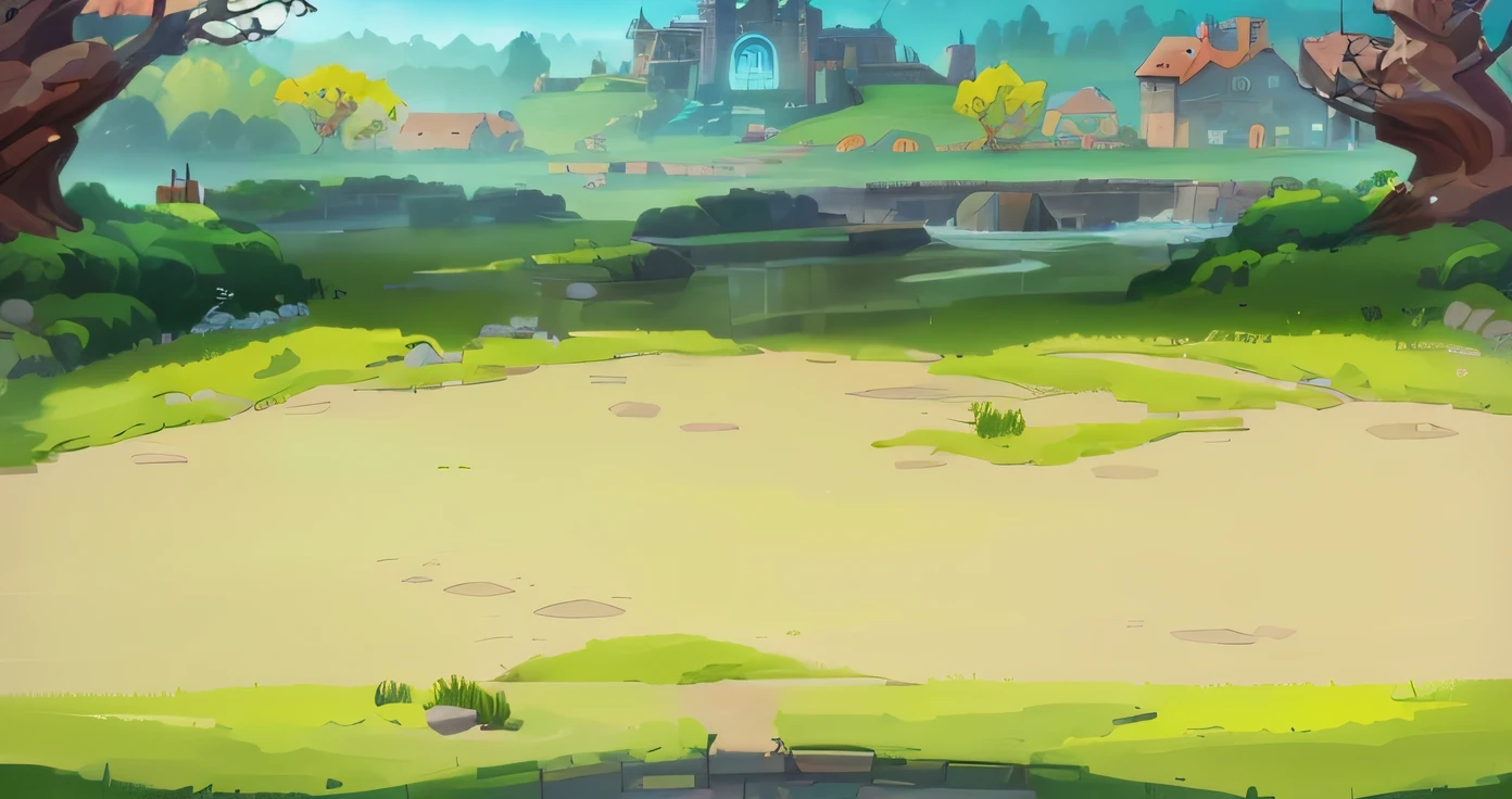 Cartoon scene of a small pond surrounded by trees and castles, arena background, odin's stone arena background, arte de fundo, distant village background, background artwork, magical battlefield background, Mobile game background, 2 D game art background, game background, palace background, battleground background, 2d game background, town center background, Epic background, background hyper detailed