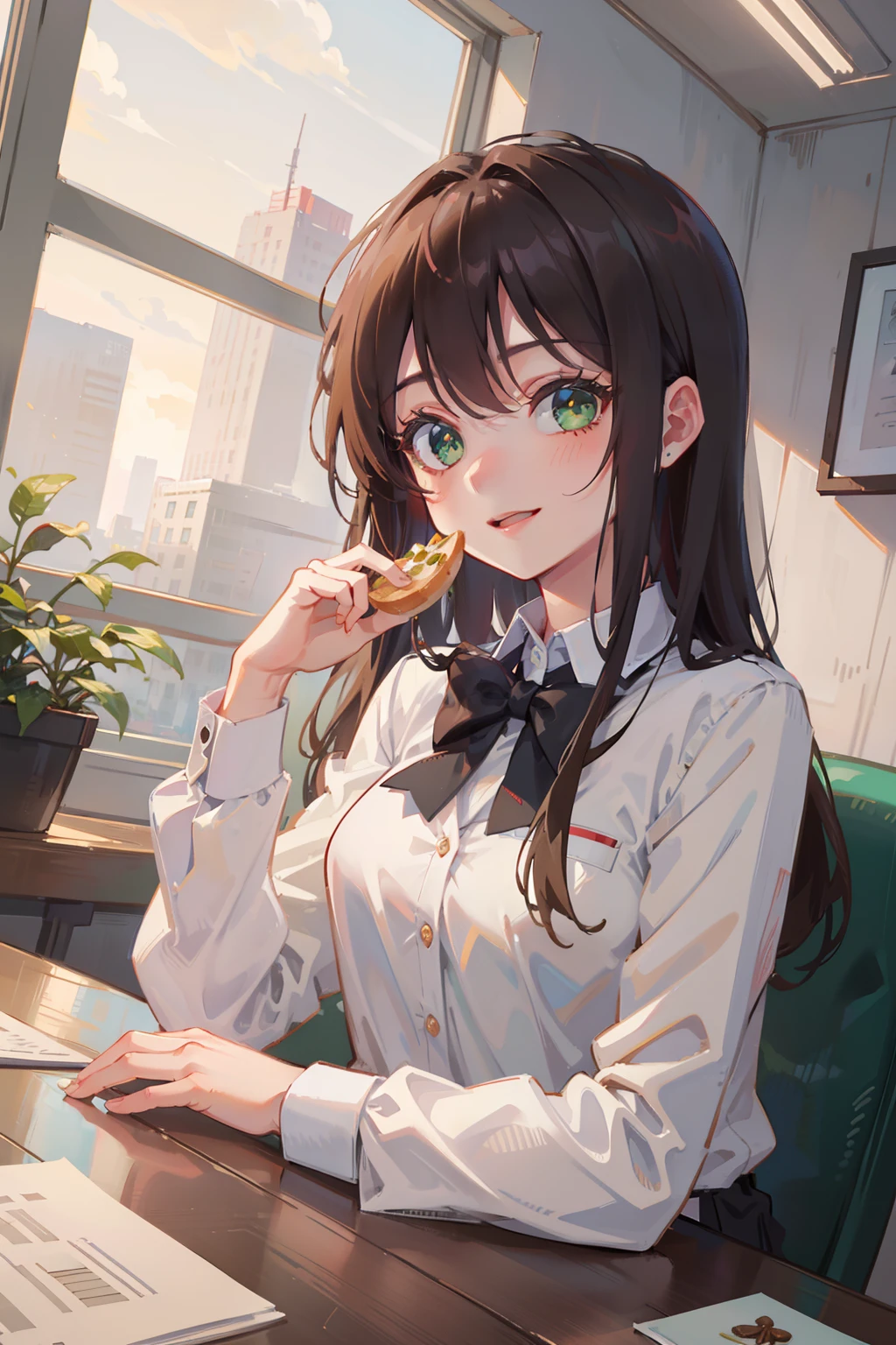 (masterpiece), best quality, beautiful detailed hair detailed face, ultra high res, sharp focus, ((1 woman, solo)), perfect feminine face, upper body, medium close-up, dutch angle, (at the afternoon time:1.5), in the diner, sitting on the stool, foods on the table, ((beautiful shape eyes, green eyes)), chesnut brown hair, flowing long hair, smiles, (office uniform:1.2)