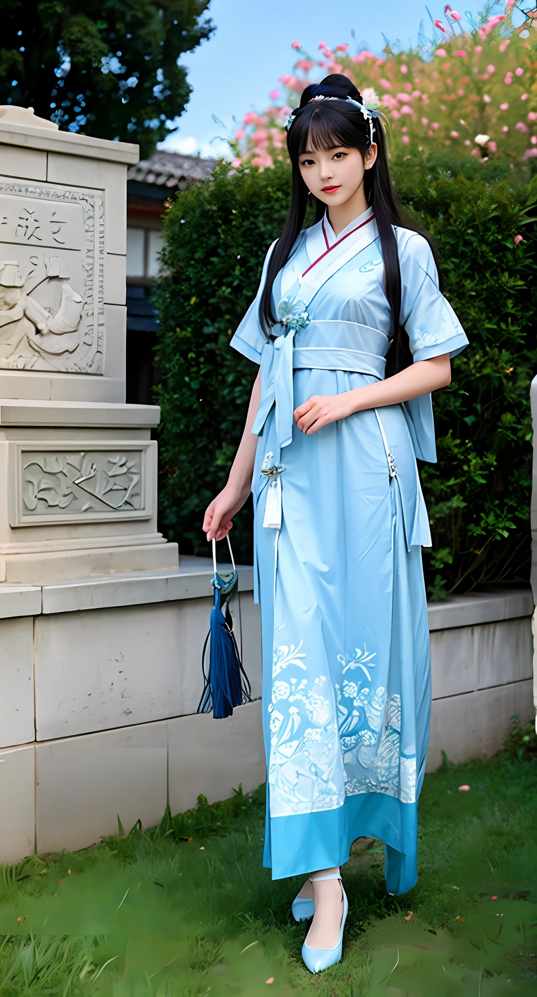 Araki in a blue and white dress stands on the grass, full-body xianxia, Inspired by Lan Ying, Inspired by Qiu Ying, inspired by Du Qiong, inspired by Li Mei-shu, Inspired by Li Tang, inspired by Leng Mei, Palace ， A girl in Hanfu, Chinese costume, heise jinyao