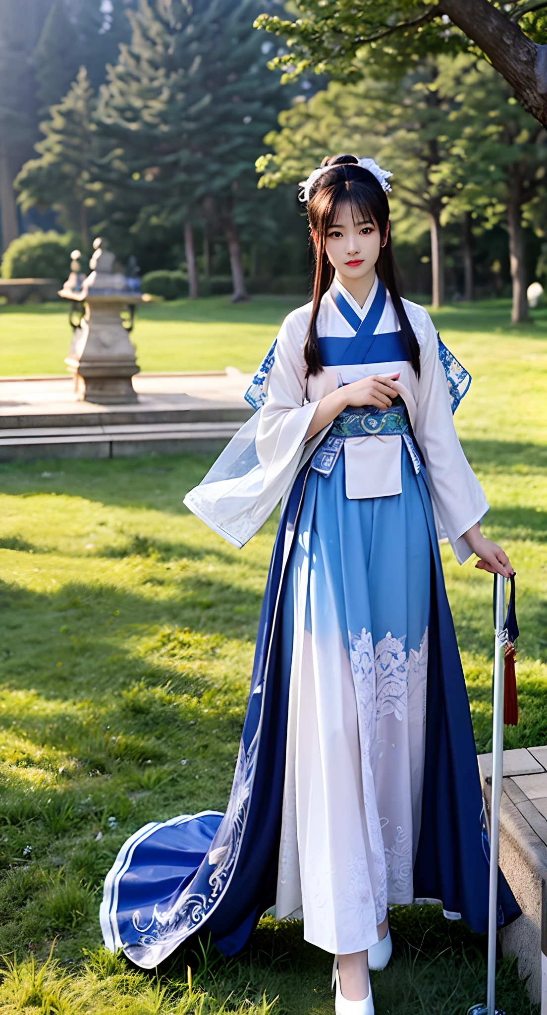 Beautiful little girl in ancient China, full body photo, gray background, blue clothes