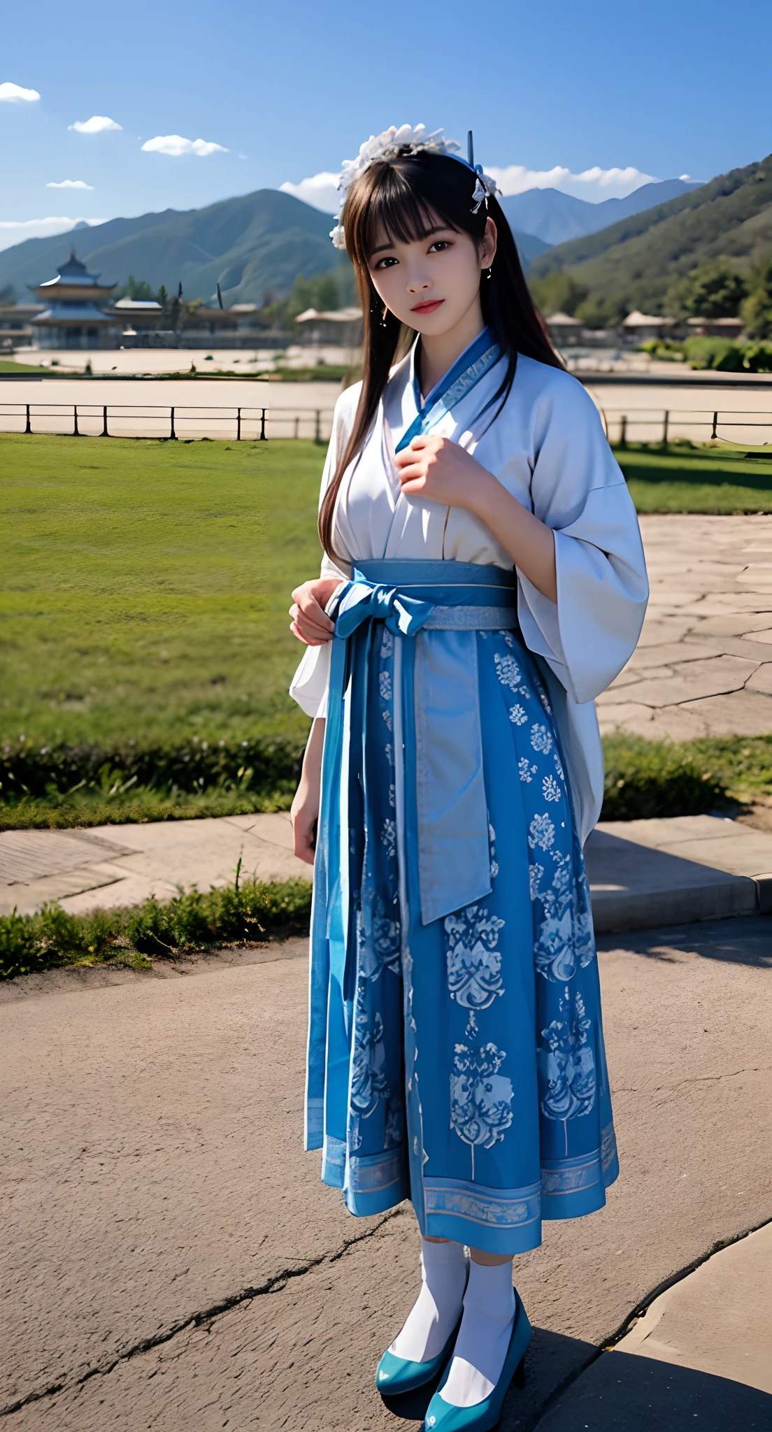 Araki in a blue and white dress stands on the grass, full-body xianxia, Inspired by Lan Ying, Inspired by Qiu Ying, inspired by Du Qiong, inspired by Li Mei-shu, Inspired by Li Tang, inspired by Leng Mei, Palace , A girl in Hanfu, Chinese costume, heise jinyao