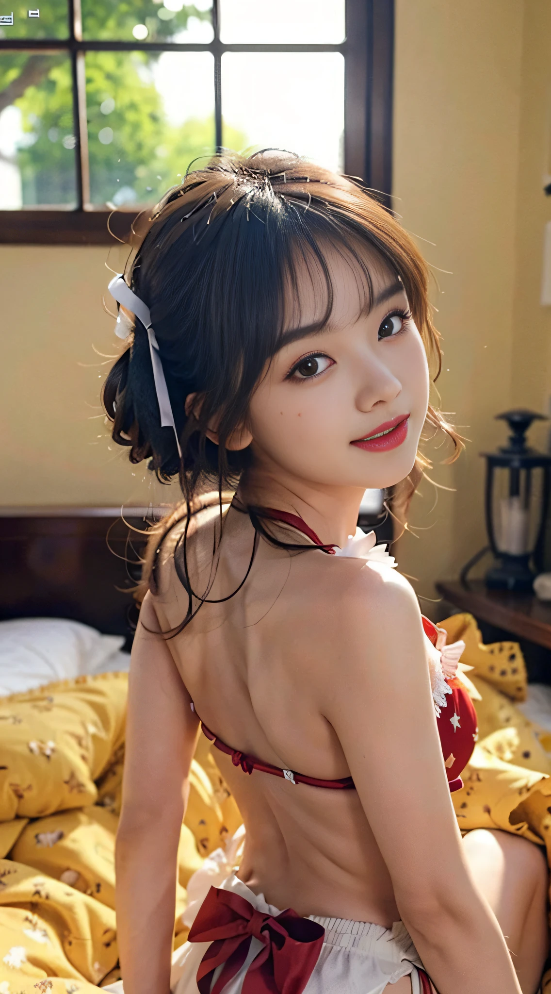 (8K raw photos, best qualtiy, tmasterpiece:1.2), (realisticlying:1.6), (tmasterpiece),(best qualtiy:1.0), (Super high score:1.0), A detailed, 15 year old girl , 独奏 , detailed beautiful skin, Detailed room,Beautiful face,Realistic skin, A sagging breast, Best quality at best, Super high score, adolable, ssmile ,Cute suspender bikini,There are panties,on top of the bed,French bangs,short detailed hair, your big ass,wearing hair bow