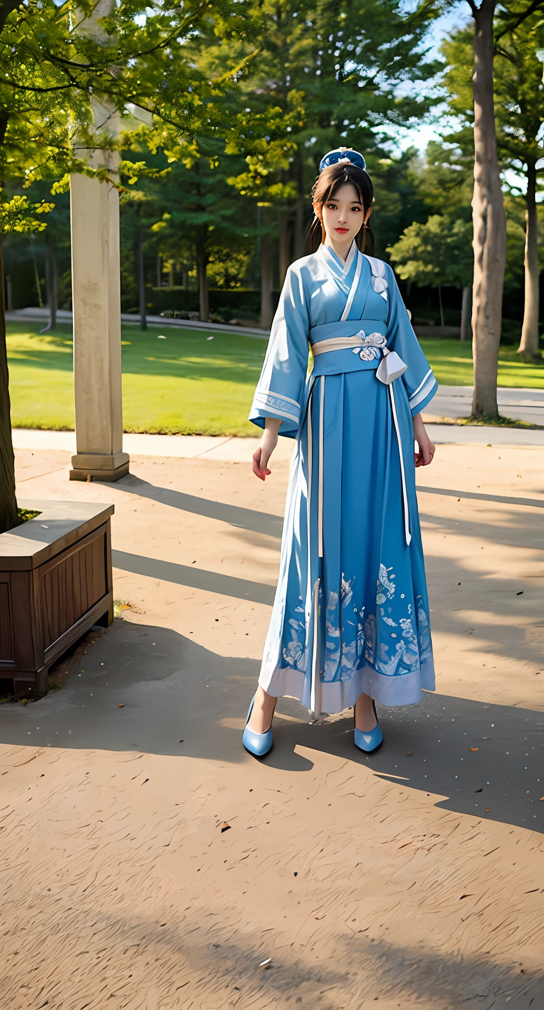 Araki in a blue and white dress stands on the grass, full-body xianxia, Inspired by Lan Ying, Inspired by Qiu Ying, inspired by Du Qiong, inspired by Li Mei-shu, Inspired by Li Tang, inspired by Leng Mei, Palace ， A girl in Hanfu, Chinese costume, heise jinyao