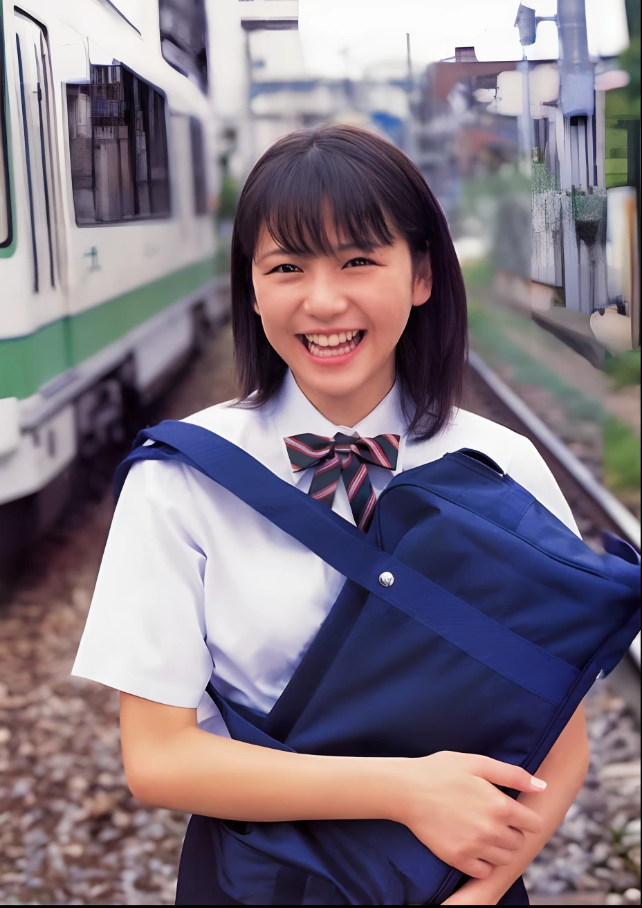 Smiling asian girl in uniform with blue backpack on railroad tracks, Seifuku, wearing japanese school uniform, japanese girl school uniform, Japan school uniform, Aya Takano, iwakura lain, Yasumoto Oka, akiko takase, rumiko, lain iwakura, itsuko azuma, girl wearing school uniform, Kimi Takemura, chiho