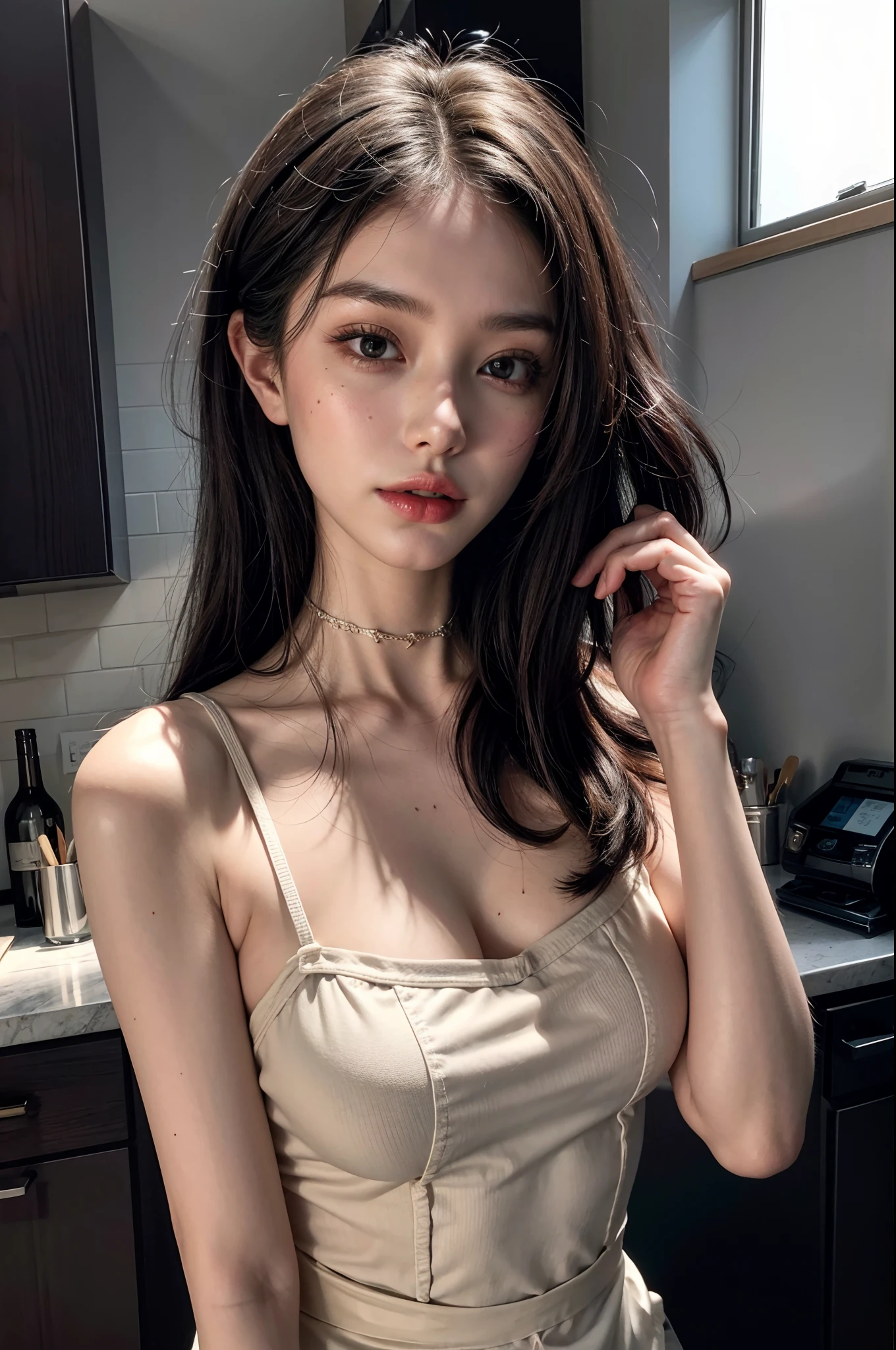 (Women with short hair),( Kitchen apron),(Transparent apron),Round breasts,Deep,best qualtiy,tmasterpiece,illustratio,very delicate beautiful,Very detailed skin,CG,Unity,8k wallpaper,astounding,finely detailled,Extremely detailed CG Big Unity 8K wallpapers,hugefilesize,The is very detailed,A high resolution,handsome detailed woman,very detailed eyes and faces, Stunning detailed eyes,Light on the face, (Most Best Illustration:1.1),(Best shadow:1.1),超A high resolution,(Photorealsitic:1.1),(Realistic 1.2:1.1),Realistic face proportions,Slim,ssmile,,(fluffy black eyes:1.21),黑The eye,looking at viewert,dark brown hair,耳Nipple Ring,choker necklace,hair pin,cowboy lens,(Irregular and irregular skin blemishes,vein,skin wrinkles pores:1.2),(dark night background:1.2),(Bokeh:1.4),