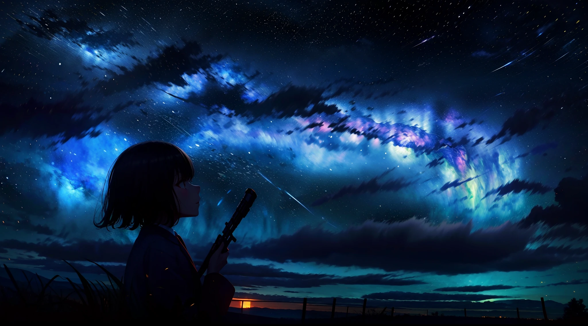((best qualtiy)), ((tmasterpiece)), ((Long-range shots)), A strange woman,Look at the sky,the night,The Milky Way is in the sky,