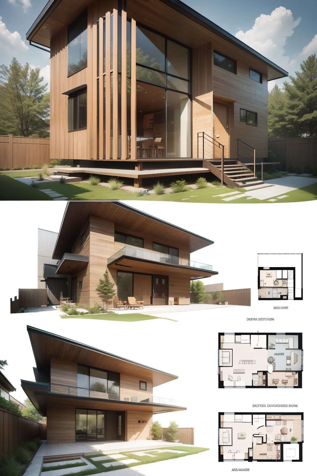 Architectural exterior design,Wooden house exterior renovation,Structural wooden house elements and added modernist architectural elements,Design a flowchart