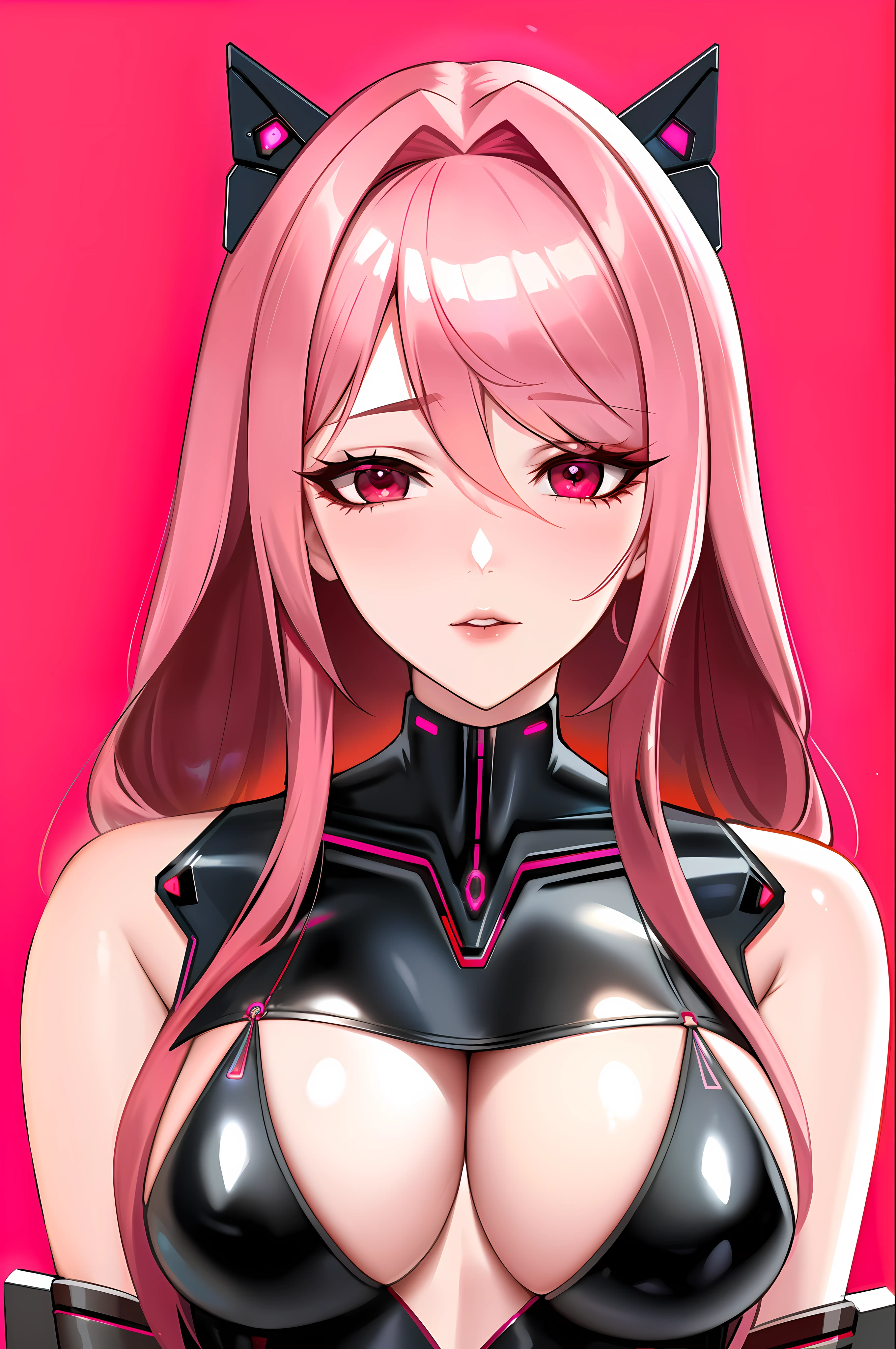 portrait of a woman in the style of pink hair, red eyes, in a futuristic leather black suit, with a red background, half body shot