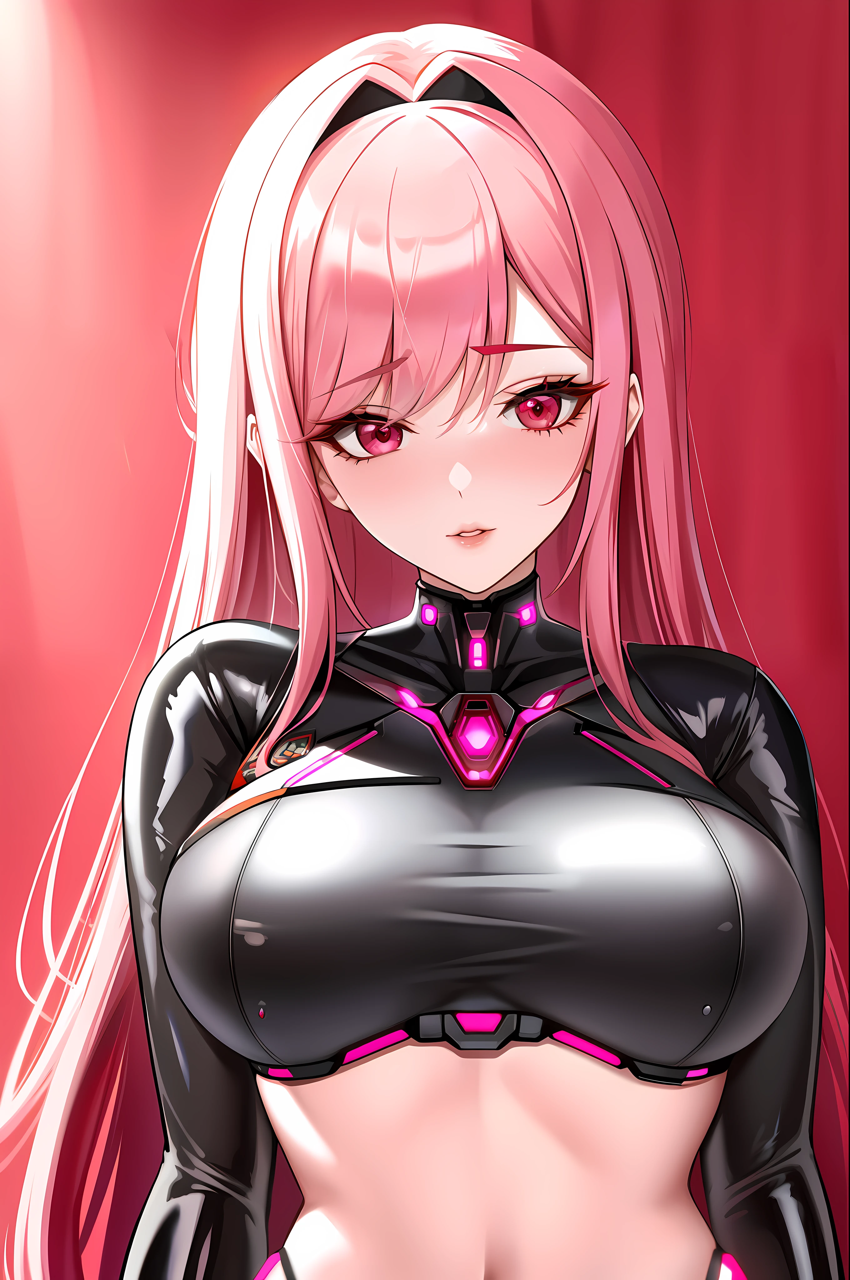 portrait of a woman in the style of pink hair, red eyes, in a futuristic leather black suit, with a red background, half body shot