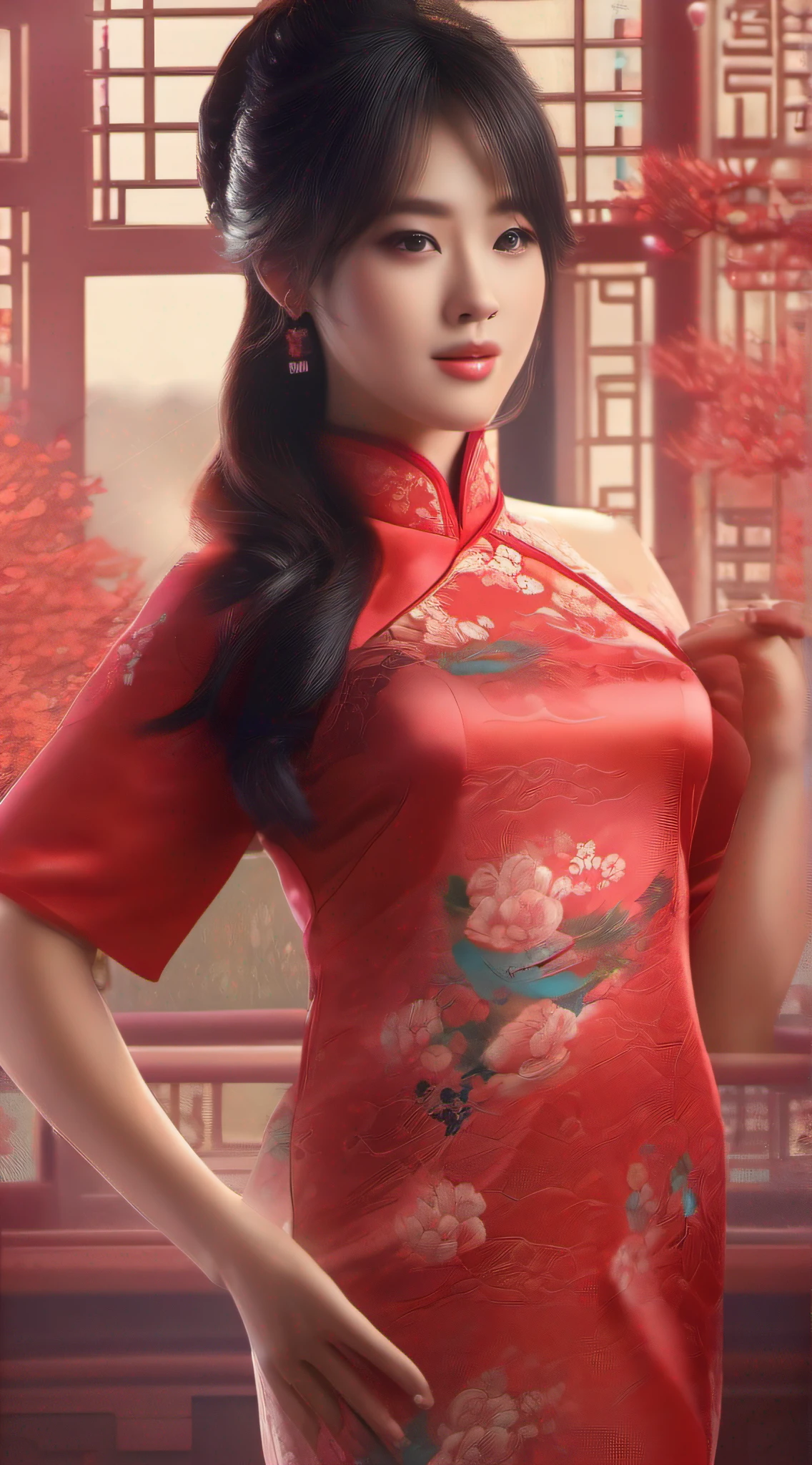 prette,A busty girl,Chinese red cheongsam,Delicate skin,There is texture,4k画质,film effect