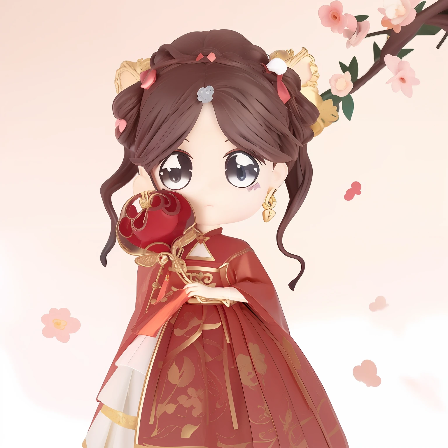 Anime Girl in red dress holding a Chinese-style tuanfan in her hand，A girl in a red cape, lovely art style, China Princess, Princesa chinesa antiga,  Cute detailed digital art, Anime princess,  Cute anime in beautiful clothes, High-quality fanart, official fanart, Cute anime style, Cute anime, Chinese style，Anime style 3D，Stylized anime，Cute 3D anime girl rendering，anime moe art style，The style is Nendoroid，Cute 3d rendering，Anime Stylization，Anime girl with brown hair，up of young anime girl，Chibi anime girl，adolable！！tchibi!!，mini size，C4D,k hd，3D rendering