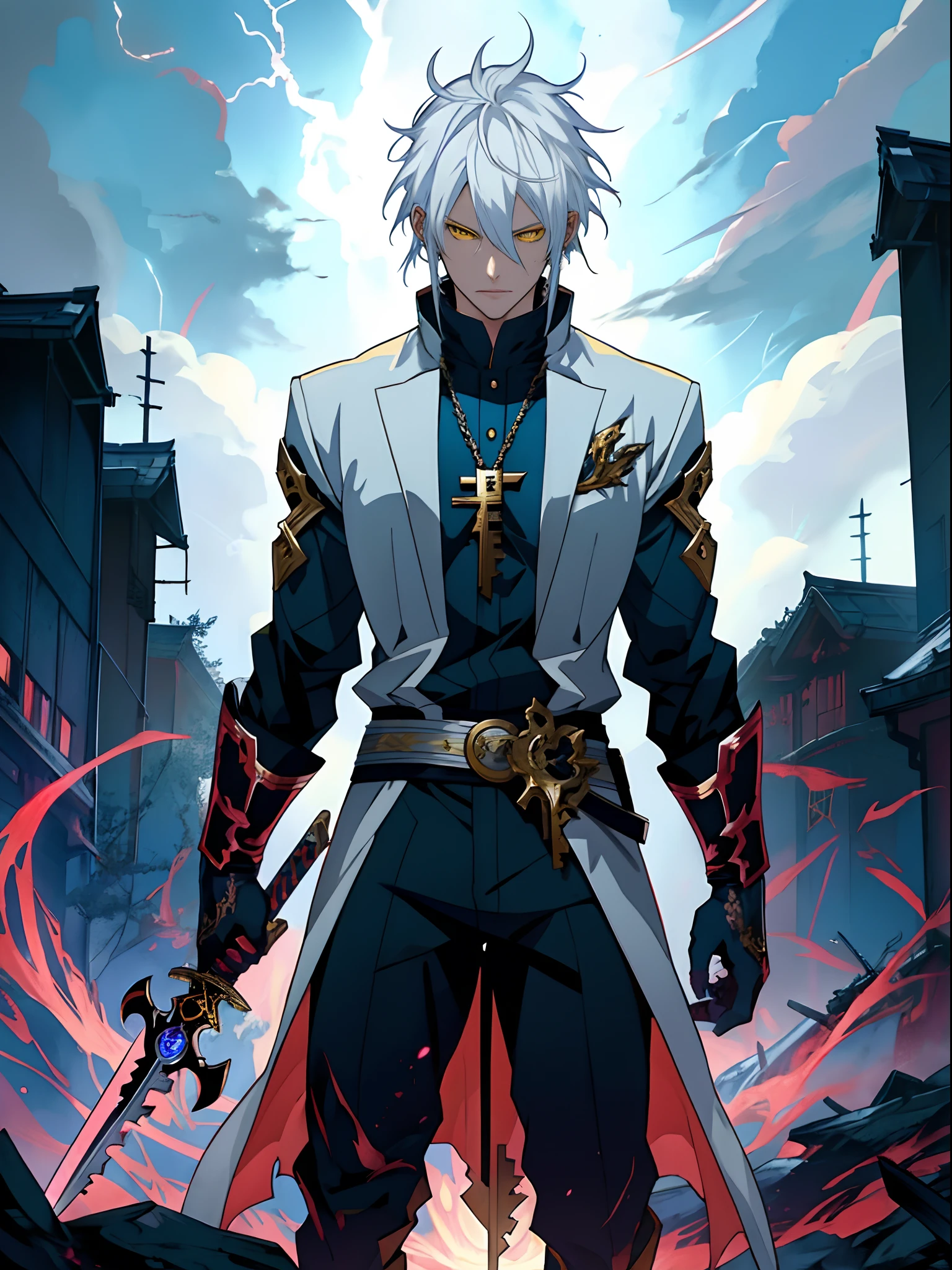 Anime character with white hair, yellow eyes and sword standing in front of lightning， Detailed key anime art, white-haired god, Key anime art, detailed anime character art, shadowverse style, handsome guy in demon killer art, full art, rimight, high detailed official artwork, Detailed digital anime art, casimir art, offcial art, detailed anime art, the former demon king