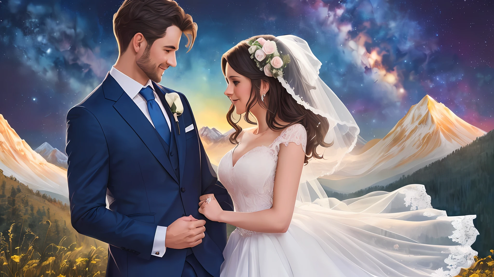 **(((quality: Best picture quality))), ((Painting style: 𝓡𝓸𝓶𝓪𝓷𝓽𝓲𝓬)), (newlyweds:1),(Look at the stars at the top of the mountain at middle night),(wedding gown),(Business suit),(Shine the stars:1.5), Romantic couple photos, cinematic Film still from** - --auto --s2