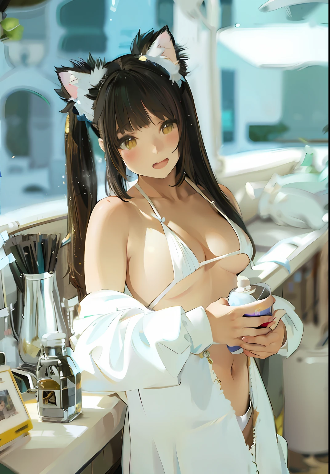 wearing white robes with,Cat ears and drinks, Attractive cat girl, very beautiful cute catgirl, beautiful young catgirl, seductive anime girls, White Cat Girl, trending at cgstation, ultrarealistic sweet bunny girl, Anime girl cosplay, gorgeous maid, Japanese goddess, Very beautiful anime cat girl, anime cat girl in a maid costume,Cat woman,cute catgirl,The eyes are large,The chest is large,the breasts are large