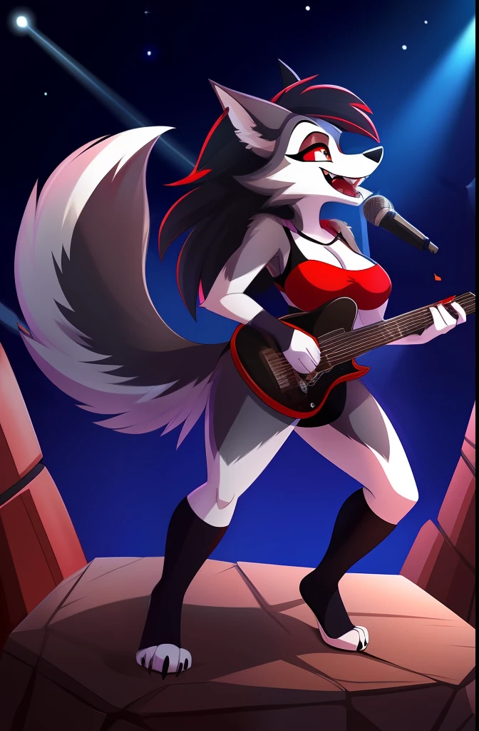 best quality, solo, 1 girl, wolf face, Eyelashes in the eyes, (visible white iris), (scarlet sclera), much long fluffy hellhound tail, (Hellhound), expression excited, open the mouth for sing, wolf female, furry female, (much long black and red gradient hair), wearing (red jacket with black tank top) and (black short shorts), (curved wolf legs), (bare wolf feet), anthropomorphic, bigger breasts and bigger butt, in top of a rock stage, (best detailed), (playing a music on eletric guitar and singing), ((Helluva boss))