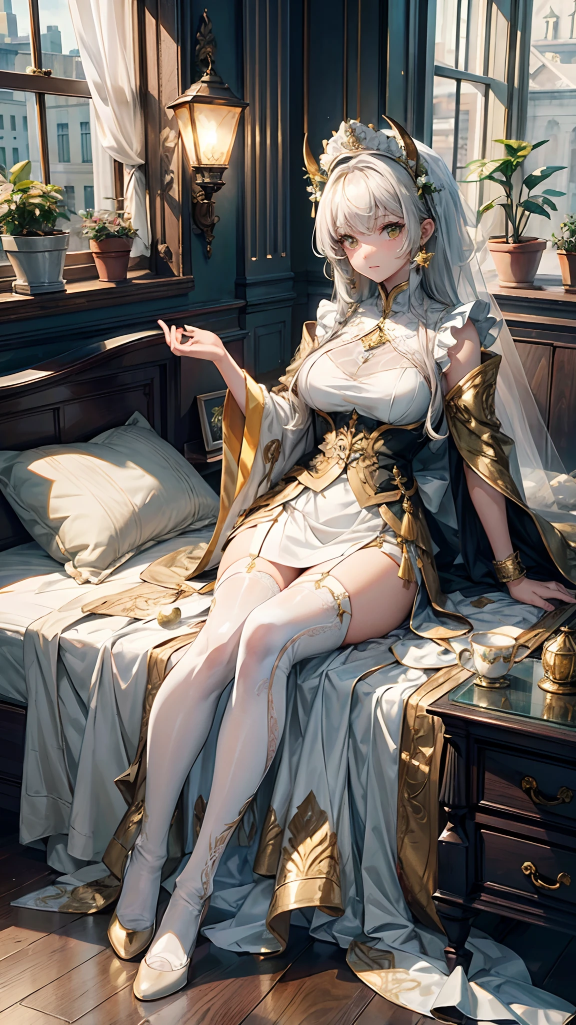 1girl, see-through, négligé, Ornate ornaments, sleeping quarters, Clothes that are transparent and show skin, full body,