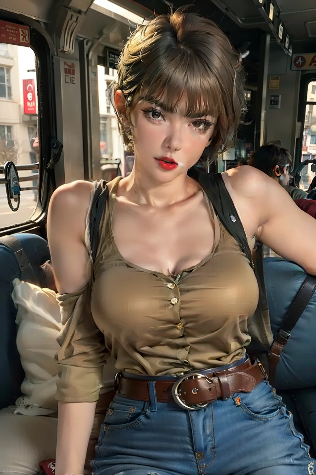 1 beautiful woman, large body,Sexy pose short haired woman, Red lips, Beauty eyelids, vests, short jeans pants,belt, sitting on a bus, Mouth open