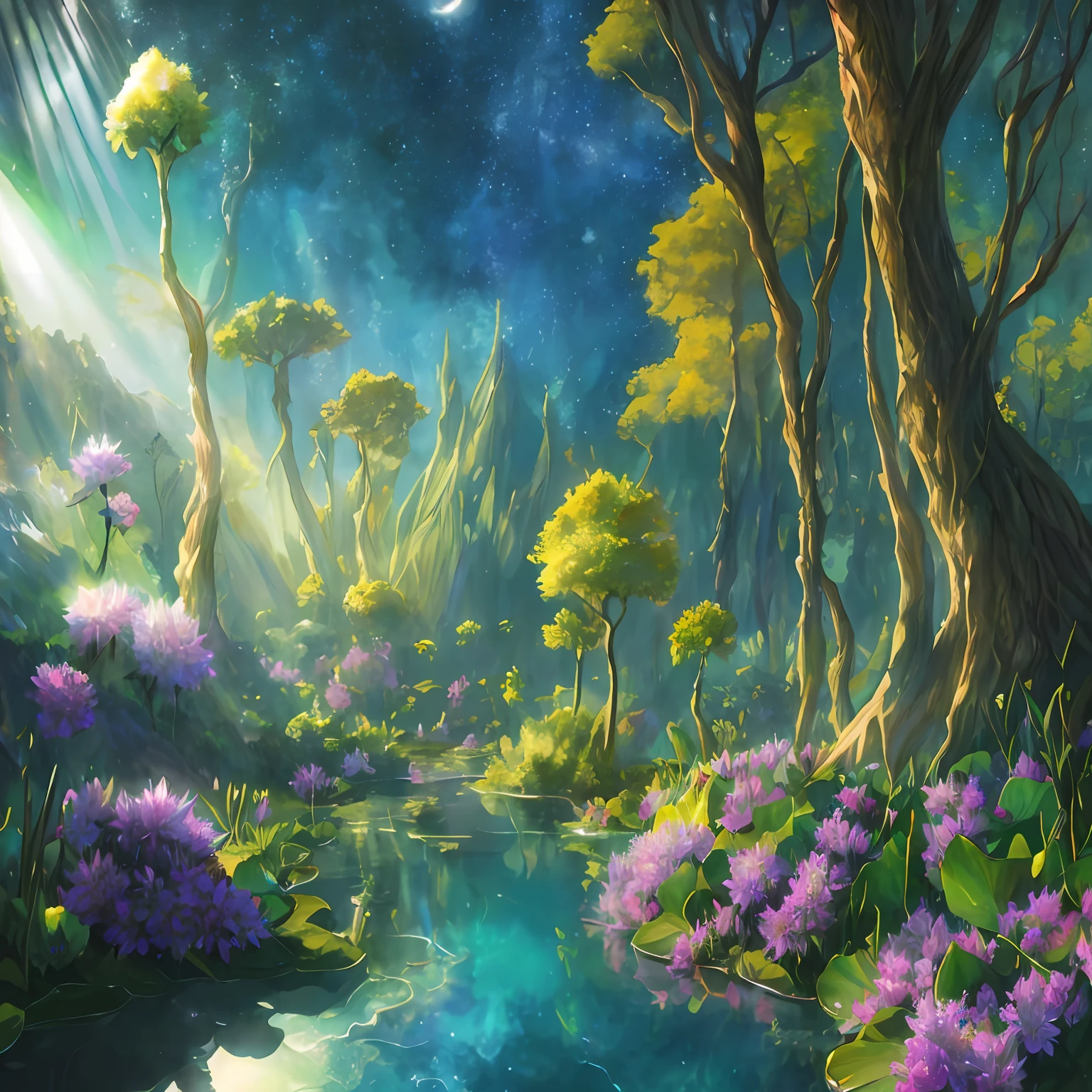 A surrealist one、Otherworldly、Illustration of the super sky scene，Including a huge crystal tree all over the body、Very detailed and magical lighting、Intricate forest details、Vegetation and surrounding rivers、Solar punk、scenecy、giant tree、Beautiful green leaves、Beautiful lighting and realistic proportions，As if it were a movie backdrop，8K，HighestQuali，tmasterpiece，Clouds and stars in the sky，More details of the lotus flower in the water，Realistic light and shadow，The picture is realistic