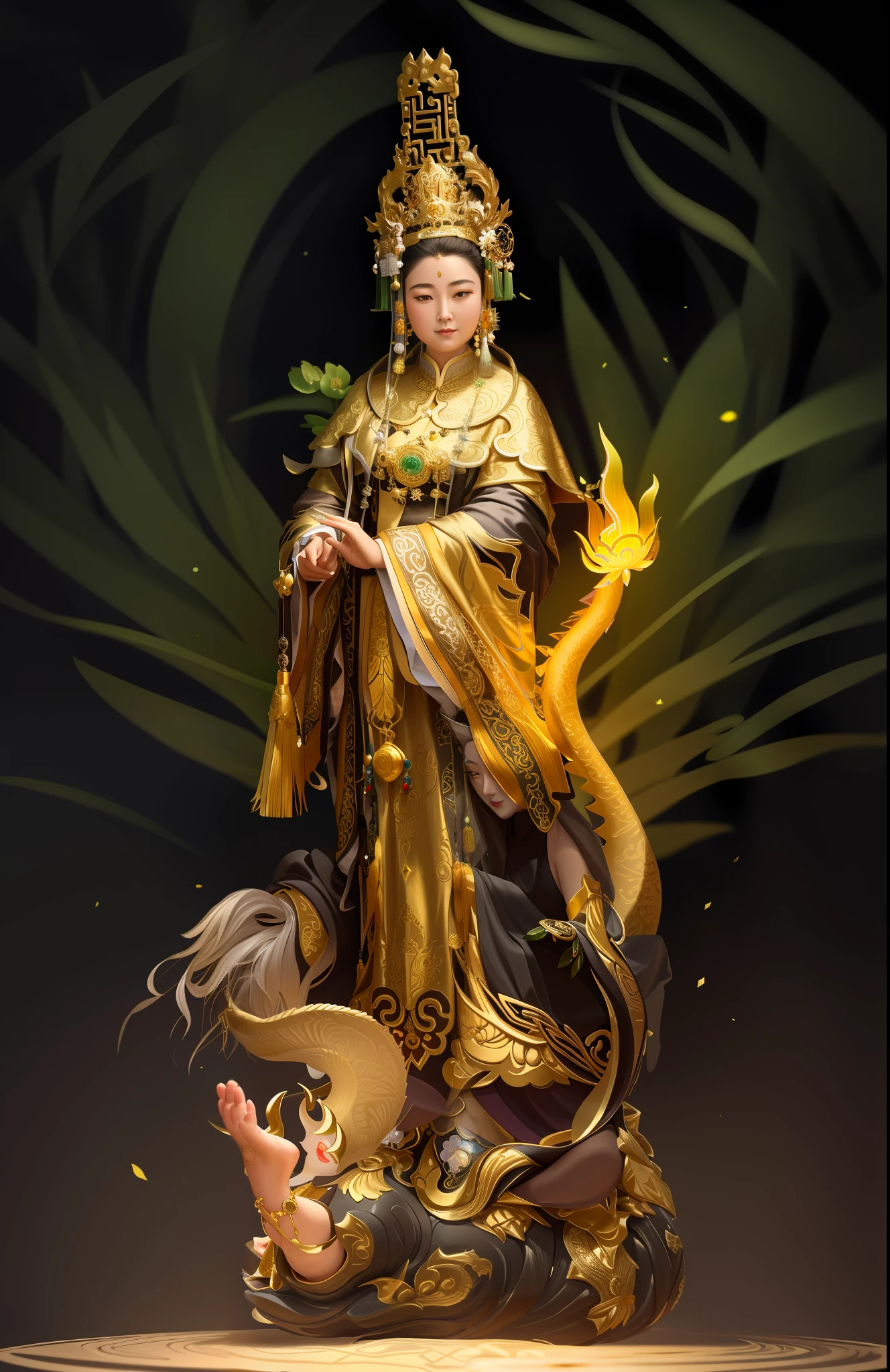 Queen Mother of the West，Older woman，Slightly fat，Rich state，Elegant，Face details，highly accurate，Close-up，Ancient Chinese goddesses，Queen Mother of the West，Older woman，Slightly fat，Rich state，Elegant，ssmile，cabelos preto e longos，The eyebrows are slightly thinner，Holding green jade Ruyi in his hand，Chinese immortals，Immortal，Gorgeous dragon robes，tmasterpiece，k hd，Character design，concept design，highly accurate，com rosto detalhado，empty background，Stepping on the green dragon under his feet，There is a golden halo and fairy aura on the back，Auspicious clouds，