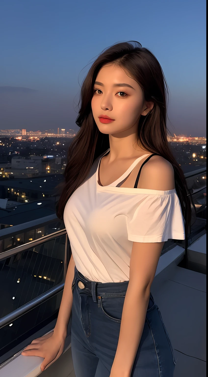 ((Midnight, Best quality, 8k, Masterpiece :1.3)), Whole body, Long legs, Sharp focus :1.2, A pretty woman with perfect figure :1.4, Slender abs :1.1, ((Dark brown hair, Big breasts :1.2)), (White tight tshirt, Jean bib, Standing:1.2), ((Night city view, Rooftop:1.3)), Highly detailed face and skin texture, Detailed eyes, Double eyelid, sunset, darken, backlit, off shoulder