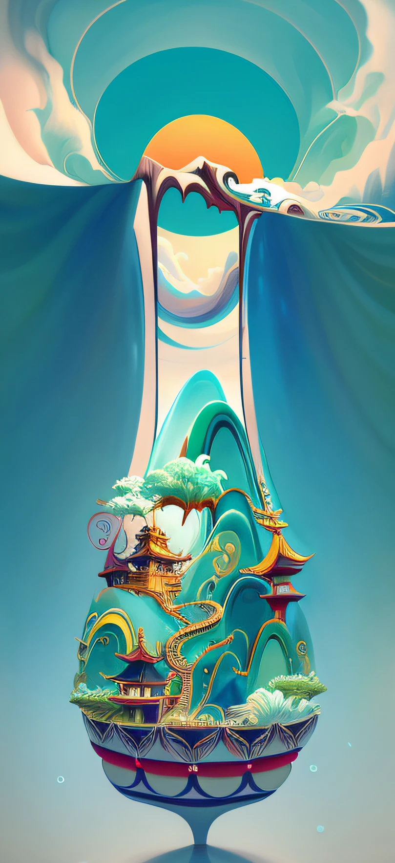 There is a vase,Above is a painting of a boat in the water, cyril rolando and goro fujita, In the style of Cyril Rolando, Inspired by Cyril Rolando, cyril rolando and m. Kaluta, cyril rolando and m.Kaluta, author:Cyril Rolando, digital painting of a pagoda, vertical wallpaper