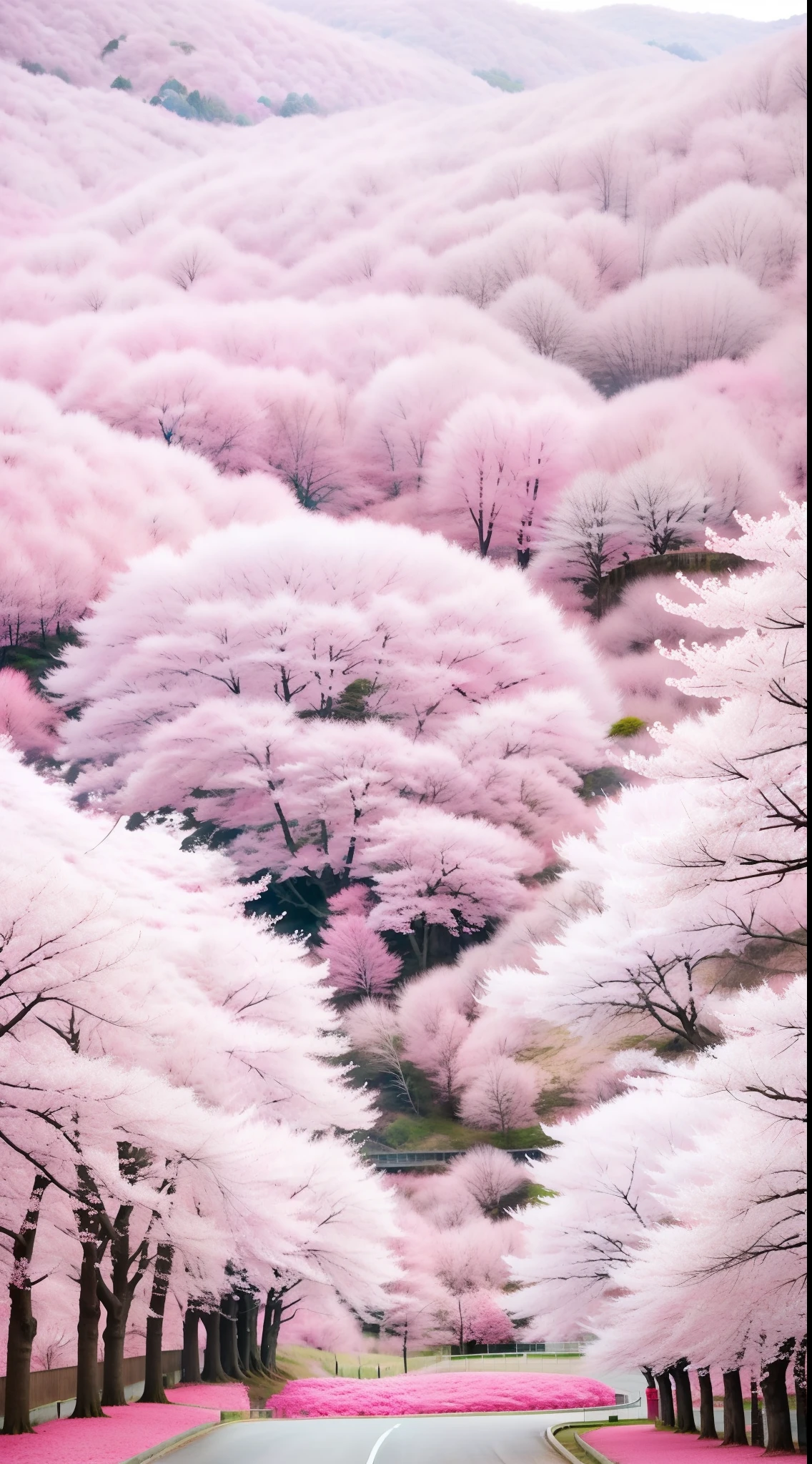 There is a pink tree in the foreground of the mountain, Beautiful and aesthetic, Cherry blossom forest, the most beautiful landscape, Pink Forest, Really beautiful nature, pink zen style, pink trees, pink landscape, dreamy Chinese towns, surreal waiizi flowers, Anime Nature, very beautiful scenery, Cherry blossom trees, A cena mais bonita, beautiful dreamy breathtaking