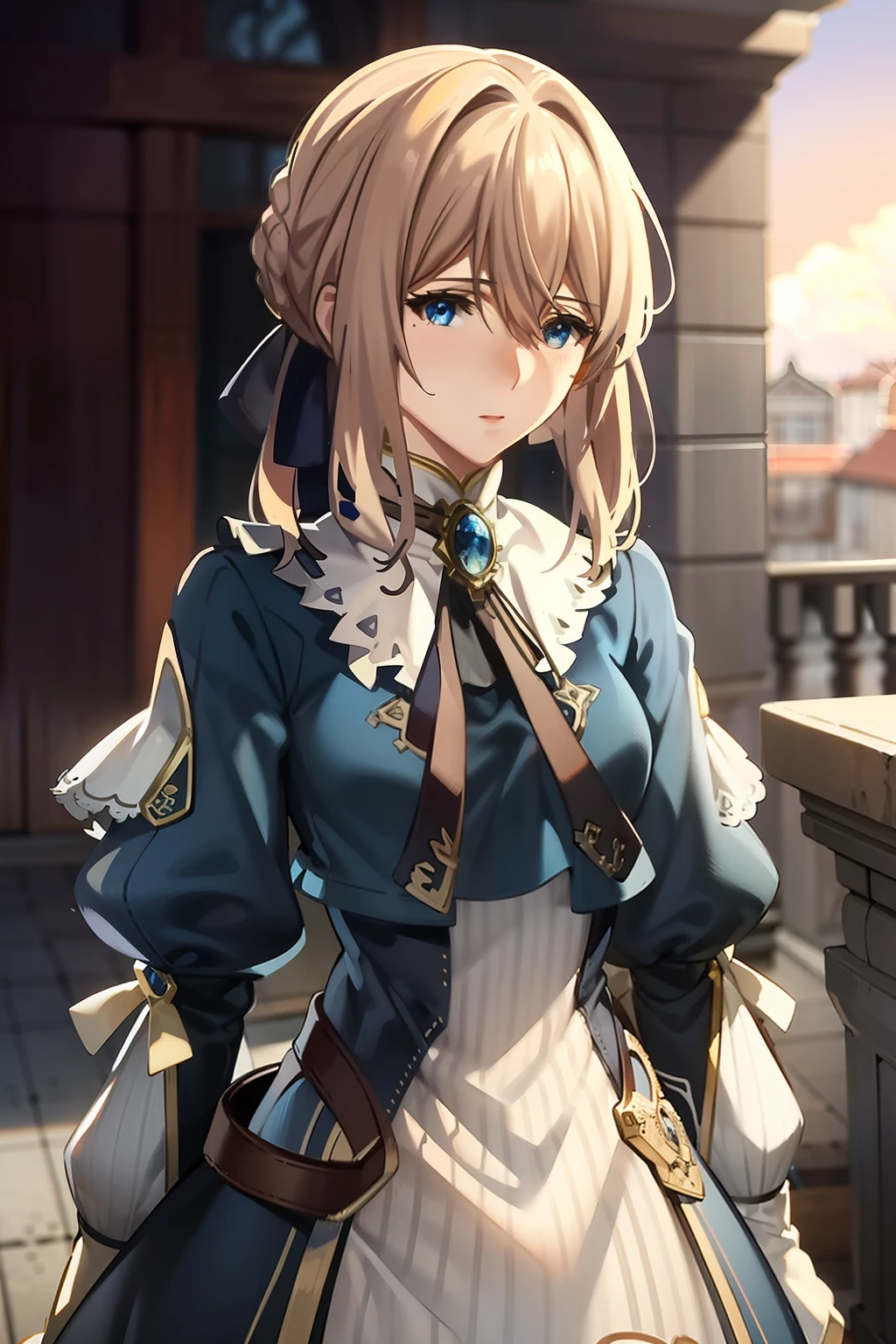 A woman in a blue dress stands on the balcony with a sword, Violet Evergarden, ****, **** in dress, small curvaceous ****, Artoria Pendragon, granblue fantasy, girl venizian era, intricate ornate anime cgi style, Kushatt Krenz Key Art Women, cute anime waifu in a nice dress