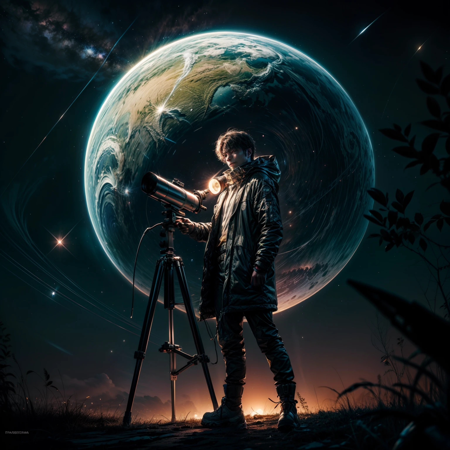 The darkness of night has settled, and countless stars twinkle in the sky. An enthusiast has set up a large portable telescope outdoors. He firmly places the telescope on a dedicated tripod, meticulously adjusting its direction. Beside him are a star map, a notebook, and a small lantern.
As he peers through the eyepiece of the telescope, distant stars and planets come into astonishingly clear view. His eyes gleam with excitement, captivated by the wondrous beauty of the universe. In his notebook, he carefully records the names and characteristics of the celestial bodies he observes that night.
The observer is located far from the bright lights of the city, under a pitch-black sky, enveloped in silence. His figure juxtaposes the vastness of space with the tininess of humankind. Yet, his spirit of exploration seems to challenge the mysteries of the stars.