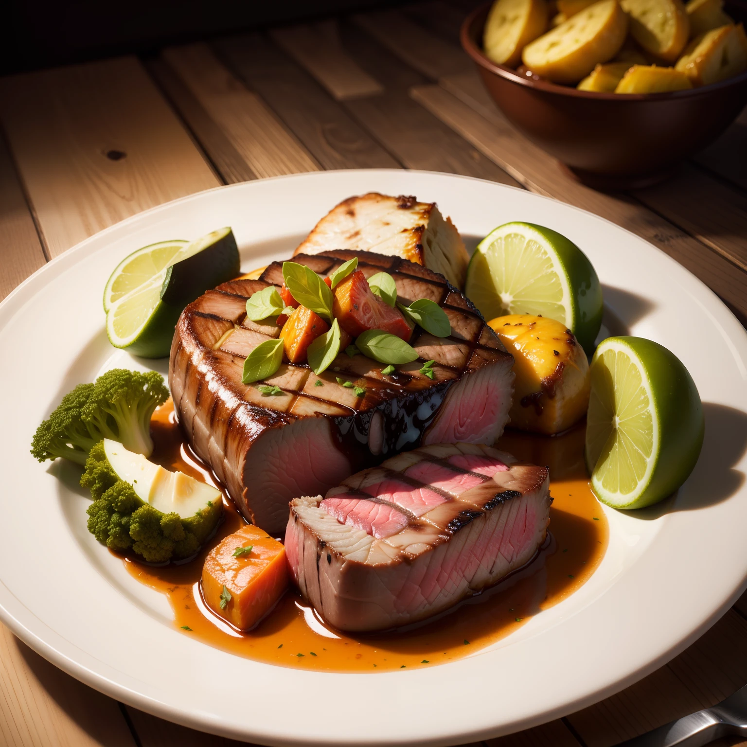 Succulent fillet steak and roast vegetables, a stock photo, art photography, 8k raw, best quality
