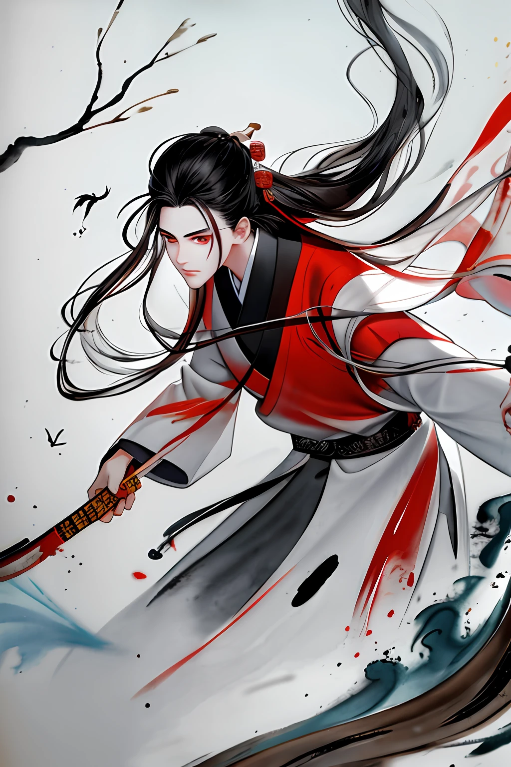 melting, abstract, [1boy who has white hair, short hair with long locks,small breast ,messy hair, red eyes,long sleeves ,Taoist robe,oversized clothes is melting and splashing],splash,hyper detailed,backlighting,sand, water,black background, dust clodust,water splash,long hair, boots, 1boy, very long hair, braid, black hair, bug, bird, branch, looking at viewer, yellow eyes, red footwear, brown hair, traditional media,
(((Ink painting style))),(((Chinese Painting))),