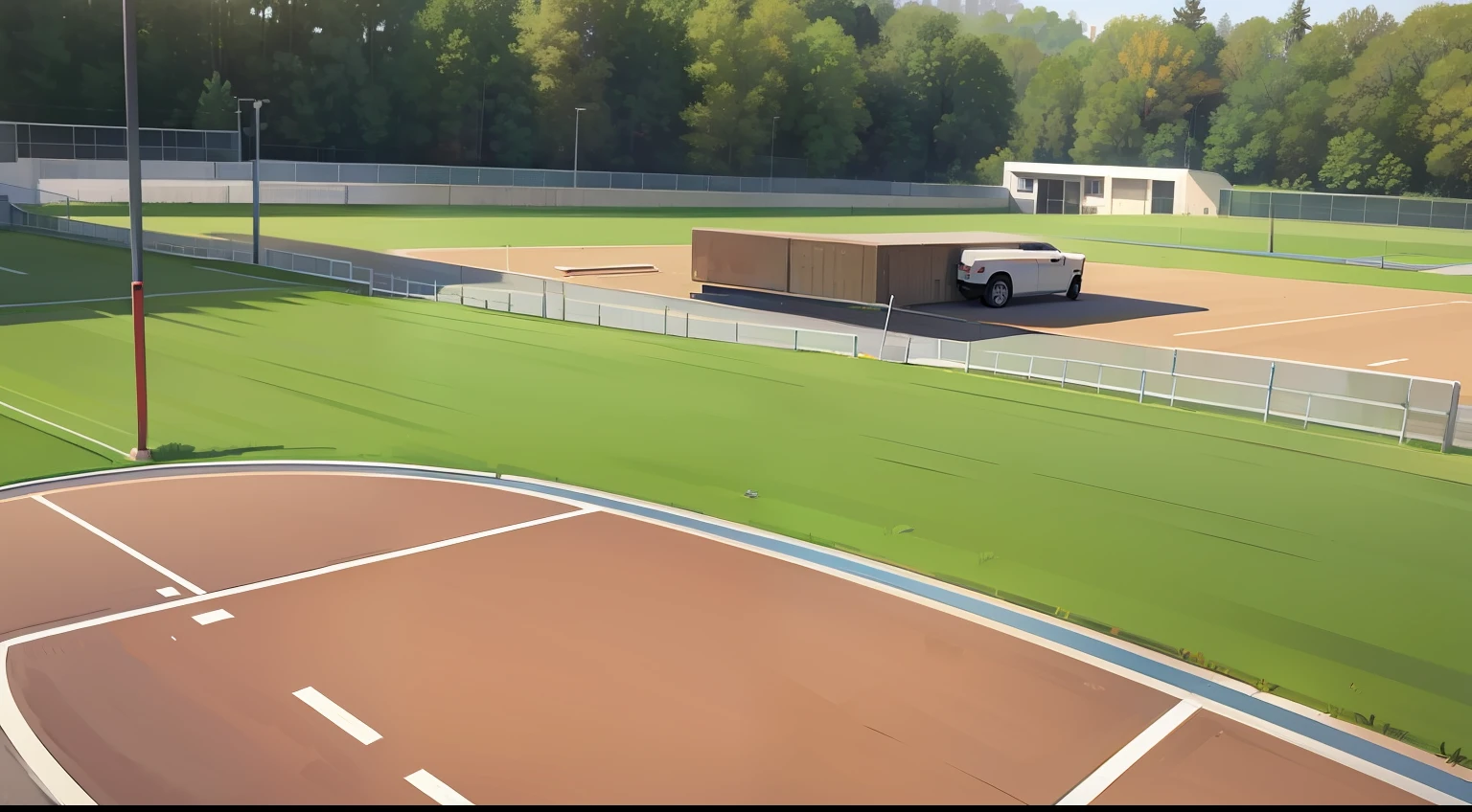 Empty landscape、School Grounds、Soil ground、Playground surrounded by high concrete walls、Athletics lines are drawn on the ground