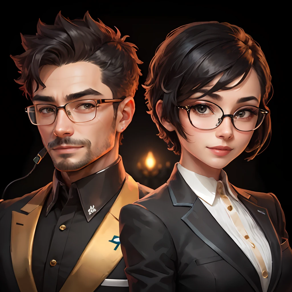 A bust of a man and a woman,Wear gold wire glasses,Smile elegantly,with short black hair,Business suit,simplebackground,Couple avatar