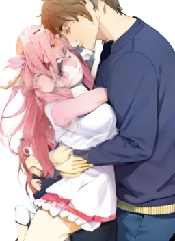 Anime couple hugging each other on white background, oppai, leering, , teens girl, gapmoe Yandere, holograph, An anime cover, DDLC, illustrated anime, Loli, seductive anime girls, r /art, r / art, r/art,  styled, Yandere, Sakura Kinomoto, Junko Enoshima，Osaka Taiga，Dragons