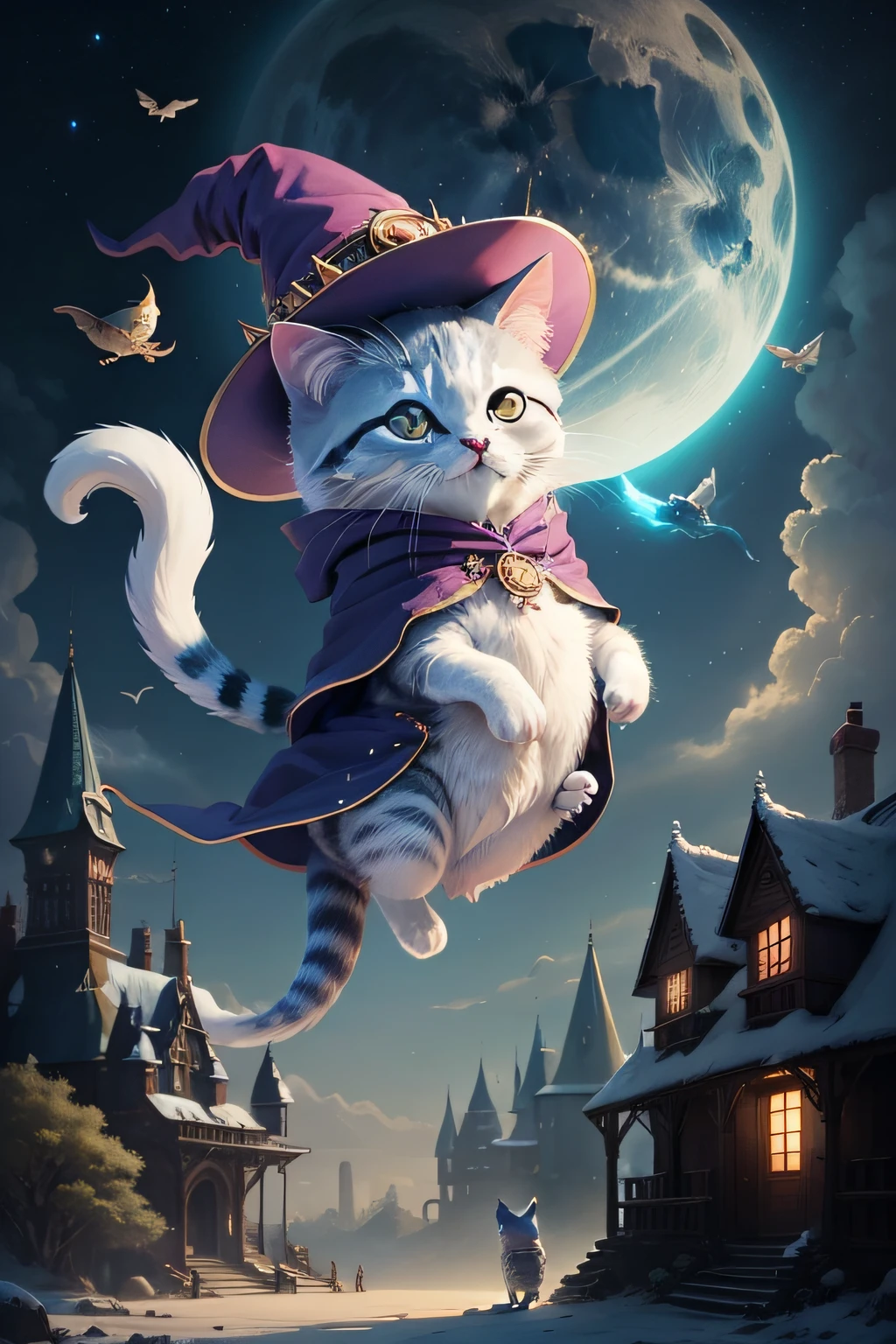 Wizard Cat、cute little、Flying、Witch style、