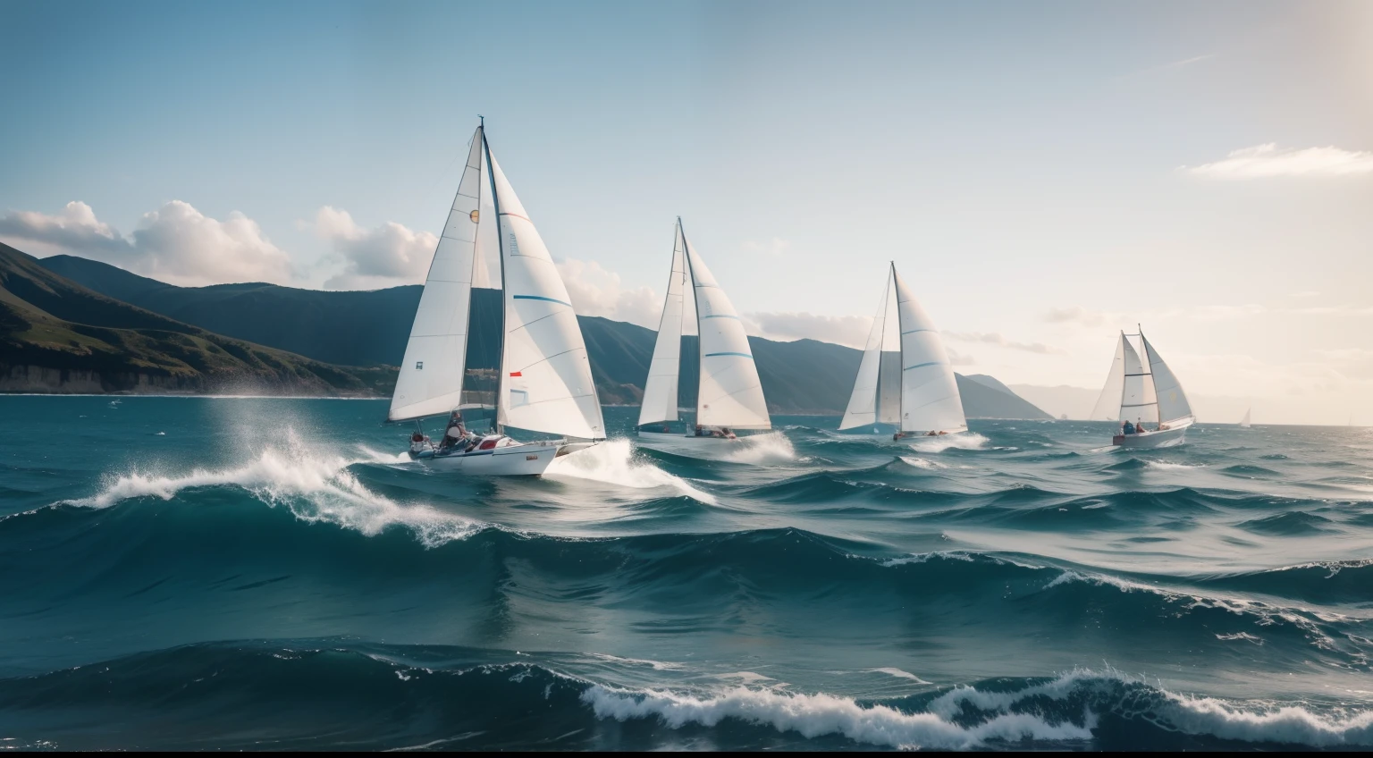 Sailing race in the waves,There are many sail colors