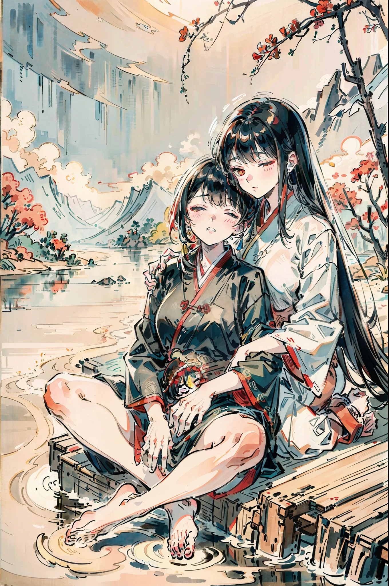 Close-up,Two beautiful girls,Traditional Chinese Ink Painting,hugs,Sleeping position,messy hair,One red hair and one black hair,Barefoot,rays of sunshine,,shadowing,smog,River side,intimacy,red colour,anatomically correct