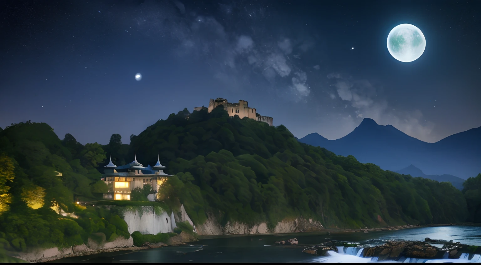 moonlit sky，Starlight twinkles，Ancient trees in the mountains，The palace is located next to the cliff，Great waterfalls cascade down，The great river flows calmly into the distance，The river bank is full of green grass，dense with greenery