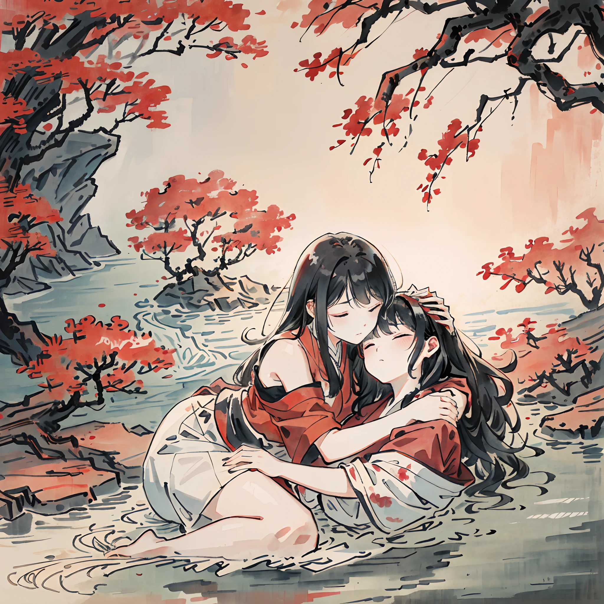 Close-up,Two beautiful girls,Traditional Chinese Ink Painting,hugs,Sleeping position,messy hair,One red hair and one black hair,Barefoot,rays of sunshine,River side,intimacy,red colour