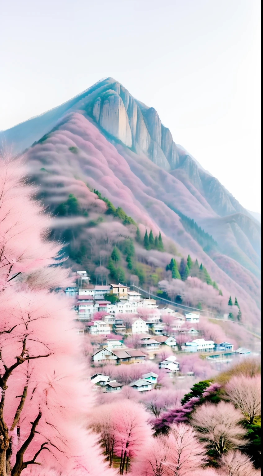 There is a pink tree in the foreground of the mountain, Beautiful and aesthetic, the most beautiful landscape, , Really beautiful nature, dreamy Chinese towns, surreal waiizi flowers, Anime Nature, very beautiful scenery, A cena mais bonita, beautiful dreamy breathtaking