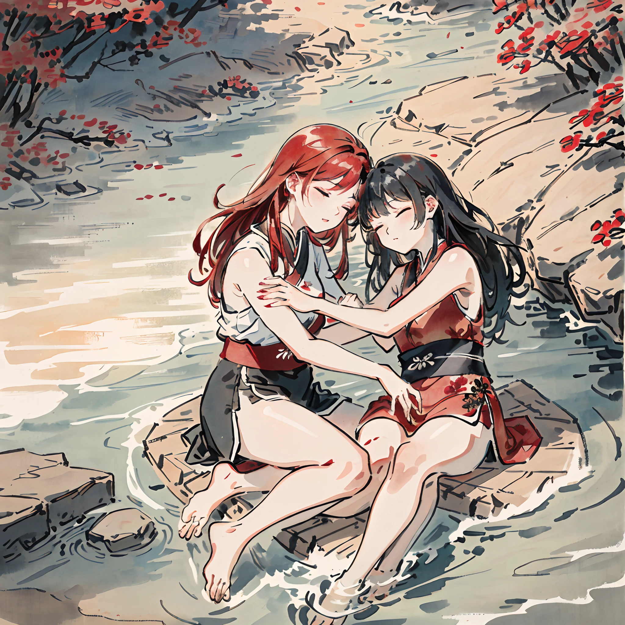Close-up,Two beautiful girls,Traditional Chinese Ink Painting,hugs,Sleeping position,messy hair,One red hair and one black hair,Barefoot,rays of sunshine,River side,intimacy,red colour
