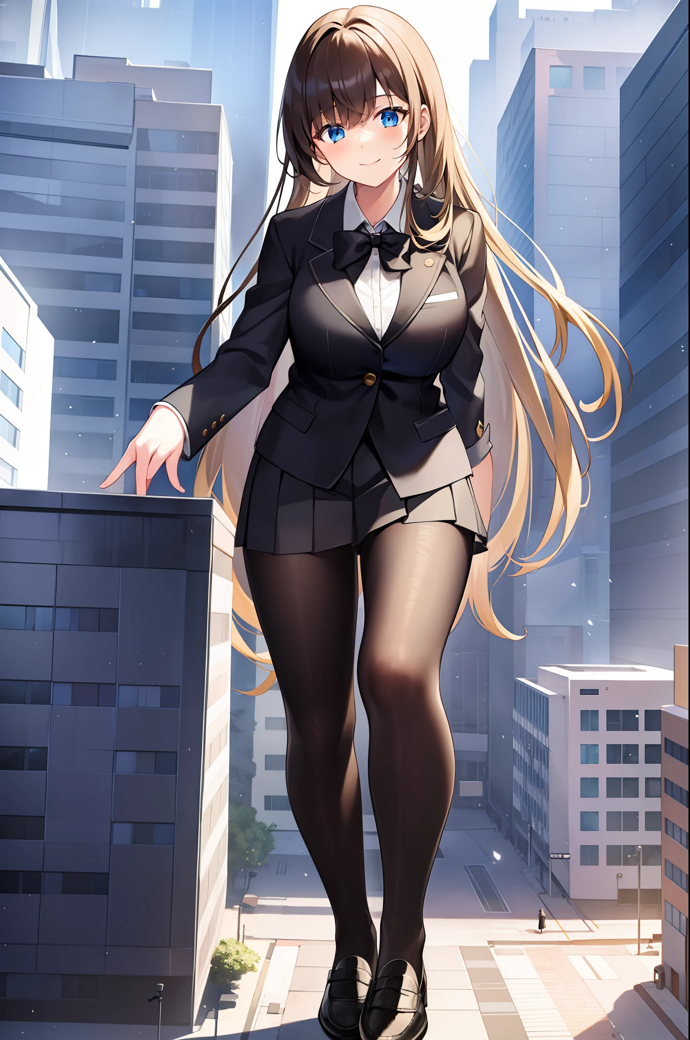 1girl, Solo, 50 meters tall, Bigger than the building, long hair, brown hair, bangs, blue eyes, Blazer, white shirt, black tie, Black pleated skirt, black socks, Black Loafer shoes, Light smile, Naughty, Anatomically correct, Textured skin, GTSCity, Destroyed buildings, City model,