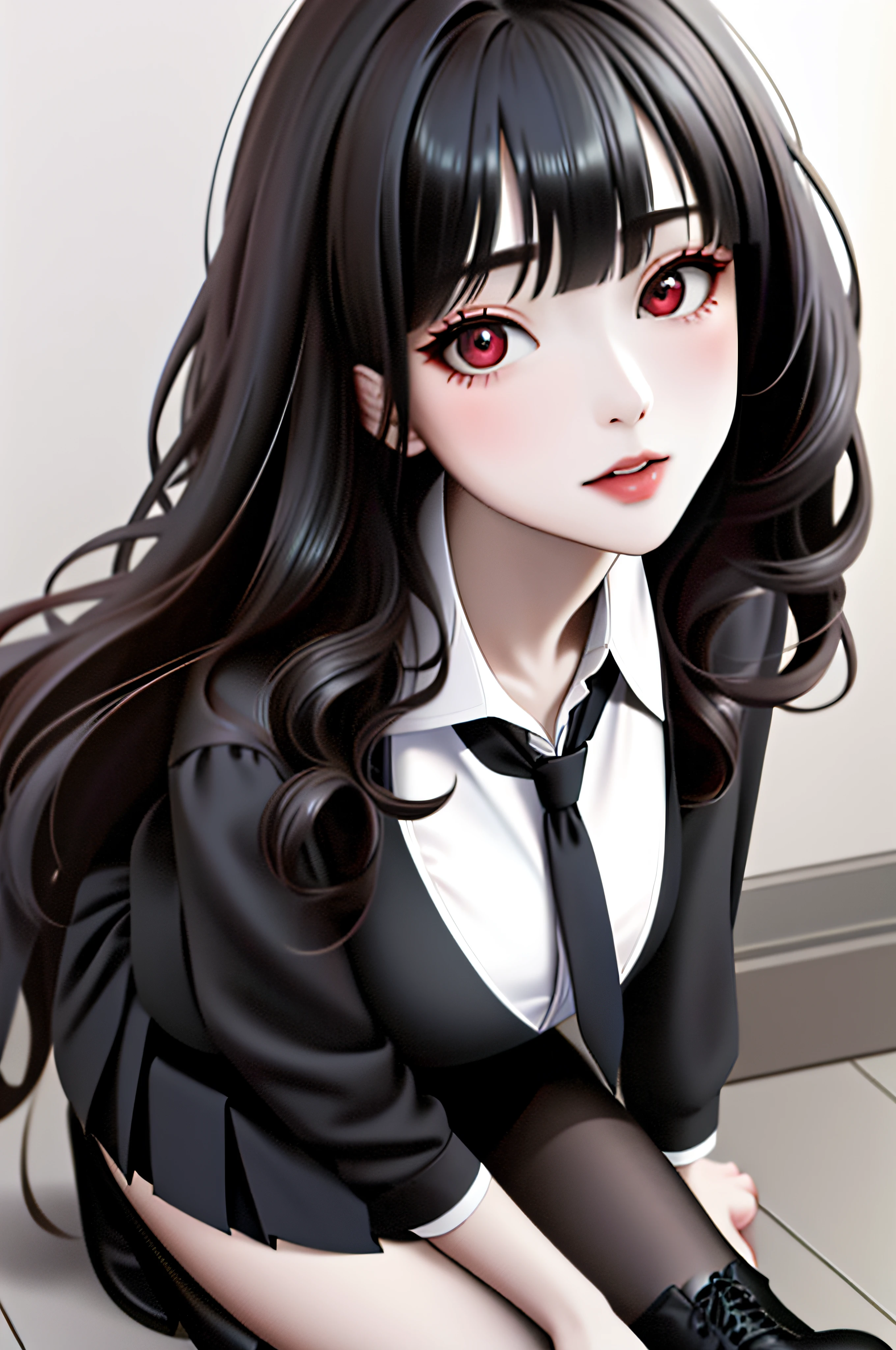 dynamic angle, absurdres,original,extremely delicate and beautiful,beautiful detailed eyes and face,1girl, black_hair, looking_at_viewer, solo,(masterpiece:1.4),(best quality:1.4),black leather boots, large breasts, black hair, red eyes, very long hair, school uniform, white shirt, pleated skirt, collared shirt, blunt bangs,