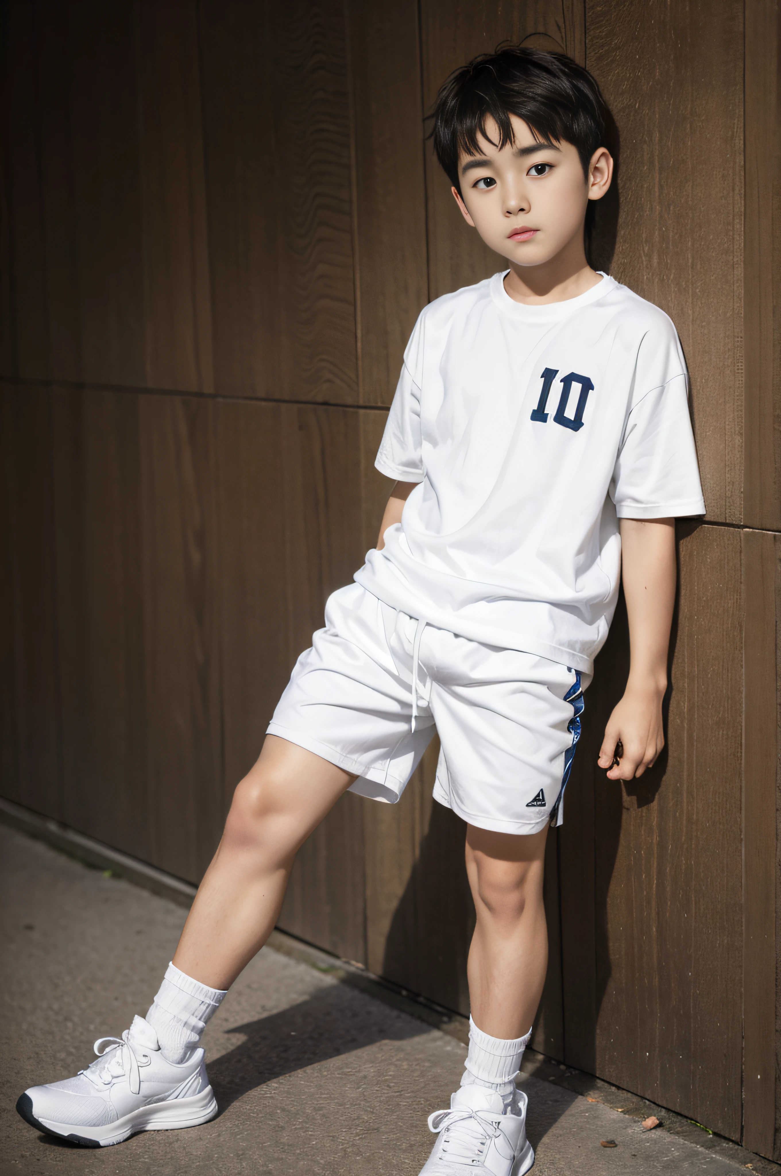 10 years old child，Handsome，Naked upper body，athletic sneakers，White  socks，White sports shorts（Detailed eyes：1.3），Black eyes，full bodyesbian，